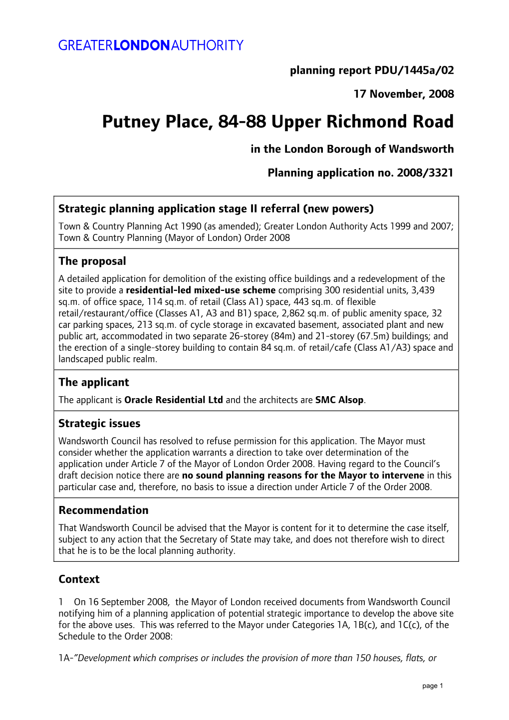 Putney Place, 84-88 Upper Richmond Road in the London Borough of Wandsworth Planning Application No