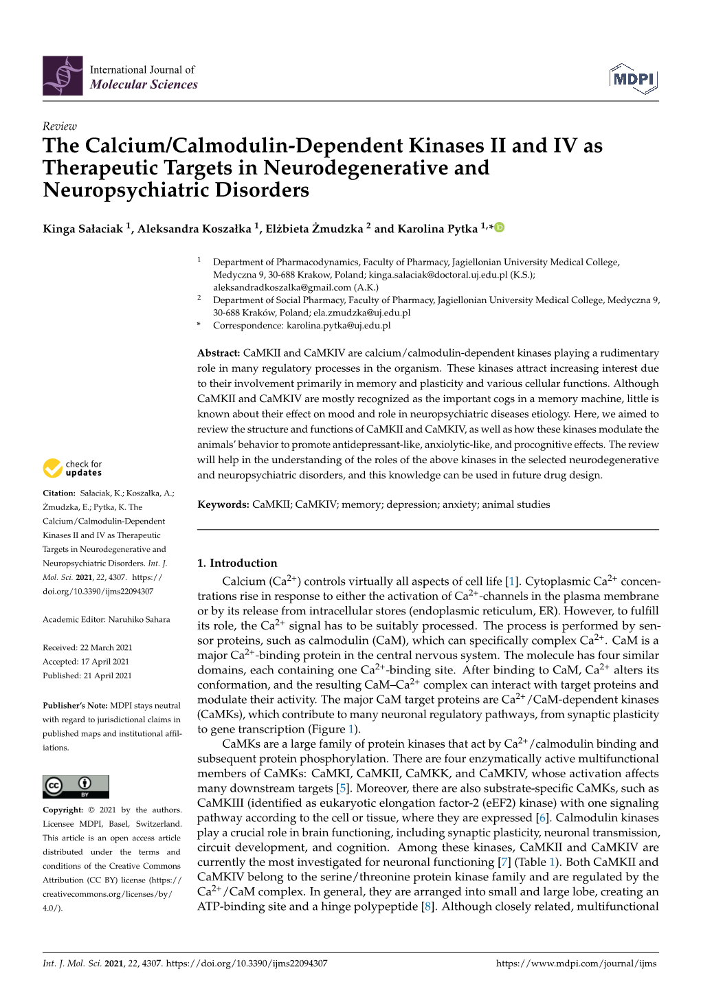 The Calcium/Calmodulin-Dependent Kinases II and IV As Therapeutic Targets in Neurodegenerative and Neuropsychiatric Disorders