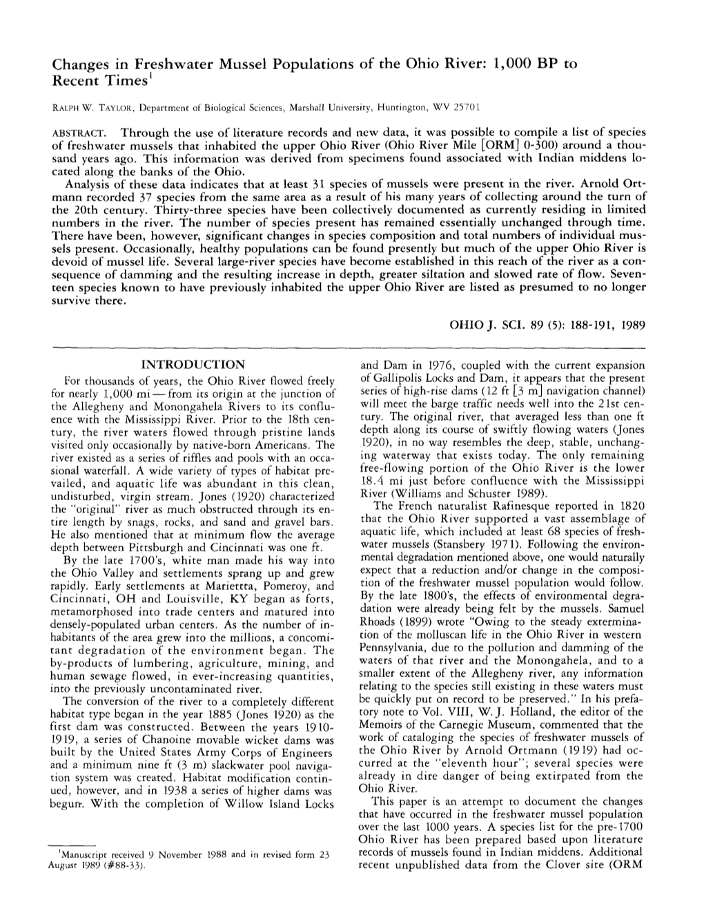 Changes in Freshwater Mussel Populations of the Ohio River: 1,000 BP to Recent Times1