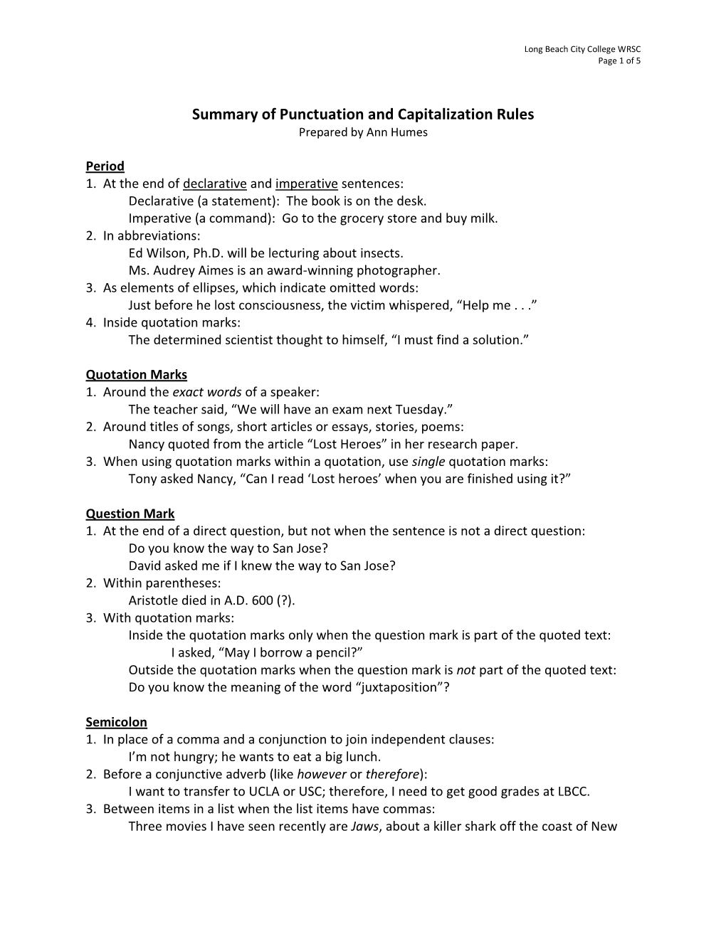 Summary of Punctuation and Capitalization Rules Prepared by Ann Humes