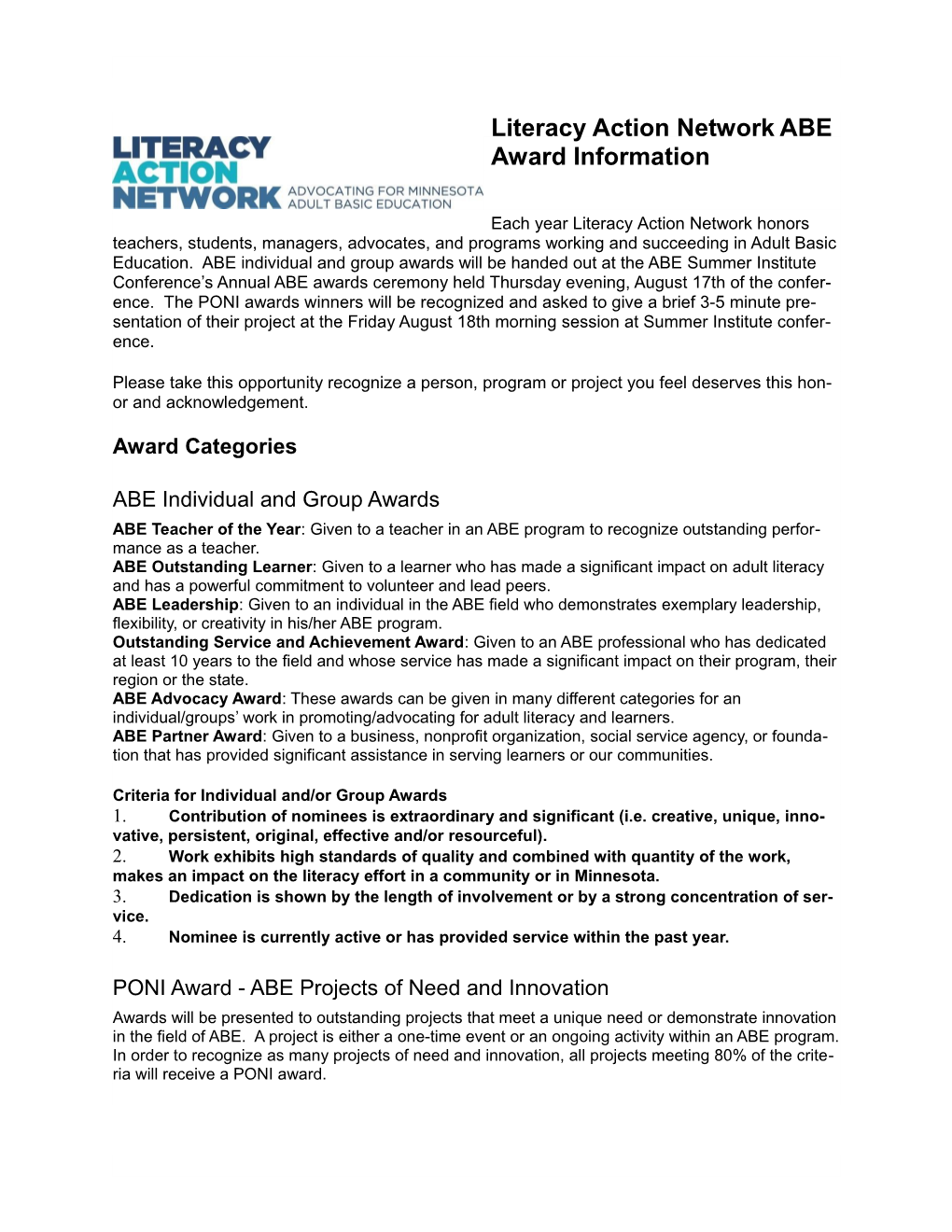Literacy Action Network ABE Award Information