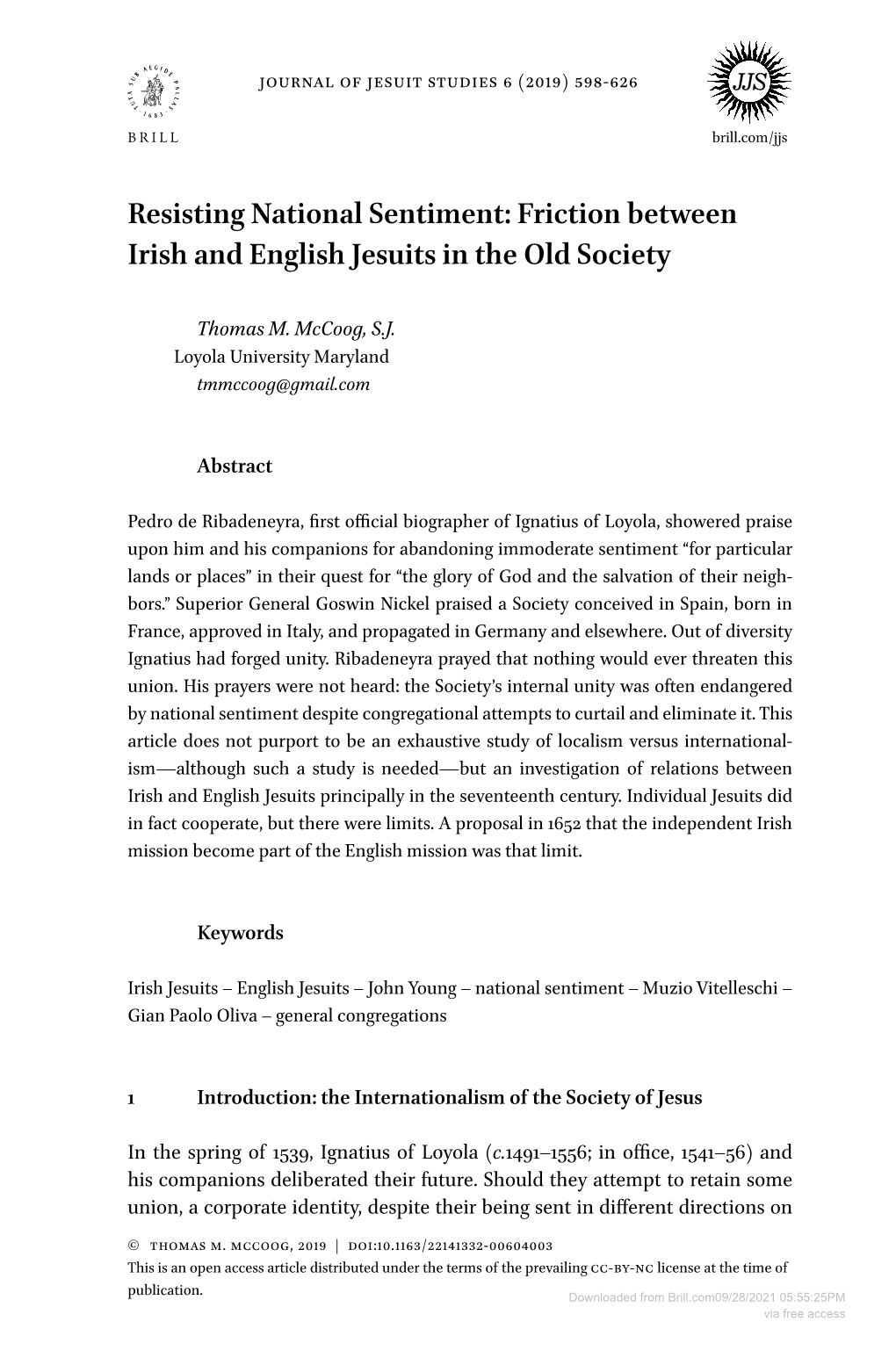 Resisting National Sentiment: Friction Between Irish and English Jesuits in the Old Society