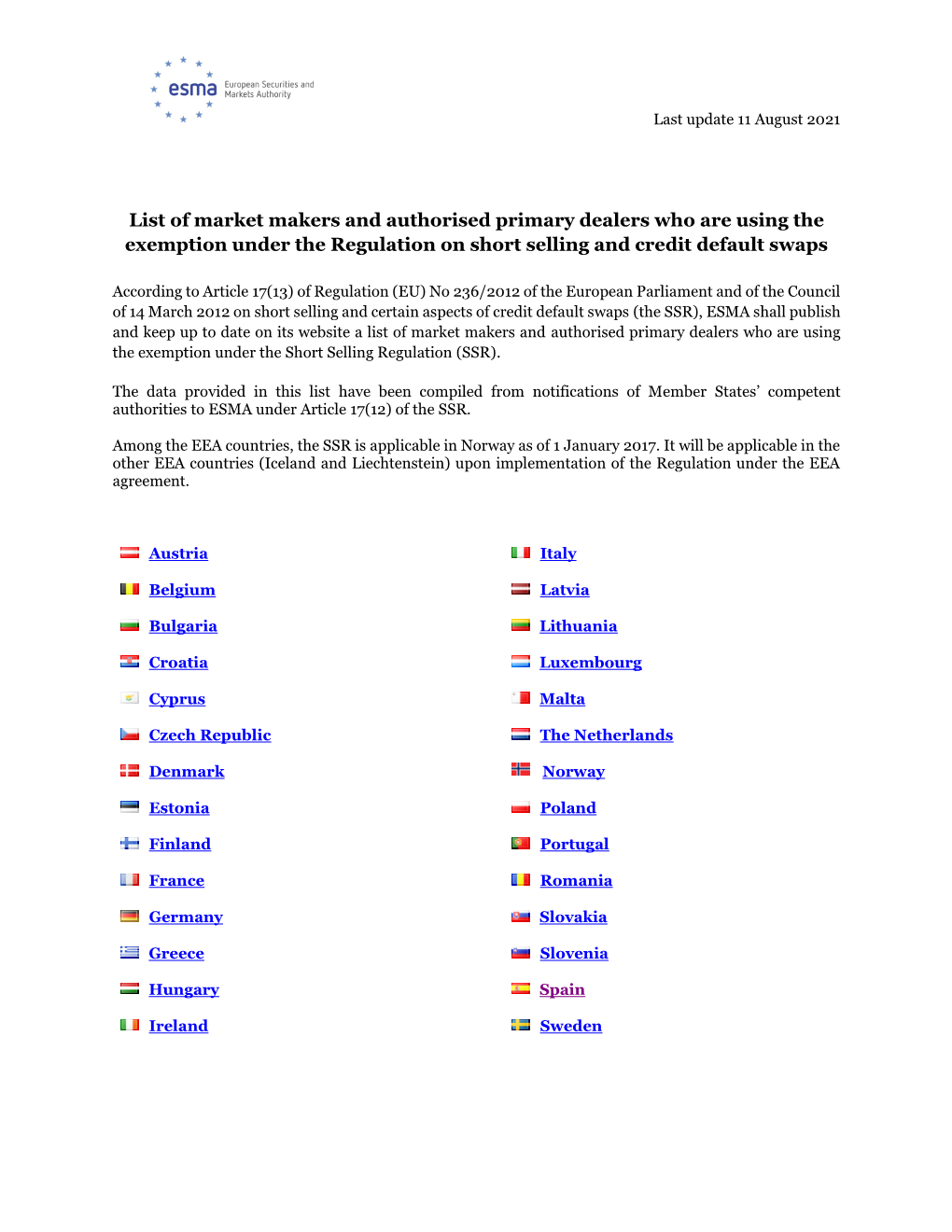 List of Market Makers and Authorised Primary Dealers Who Are Using the Exemption Under the Regulation on Short Selling and Credit Default Swaps