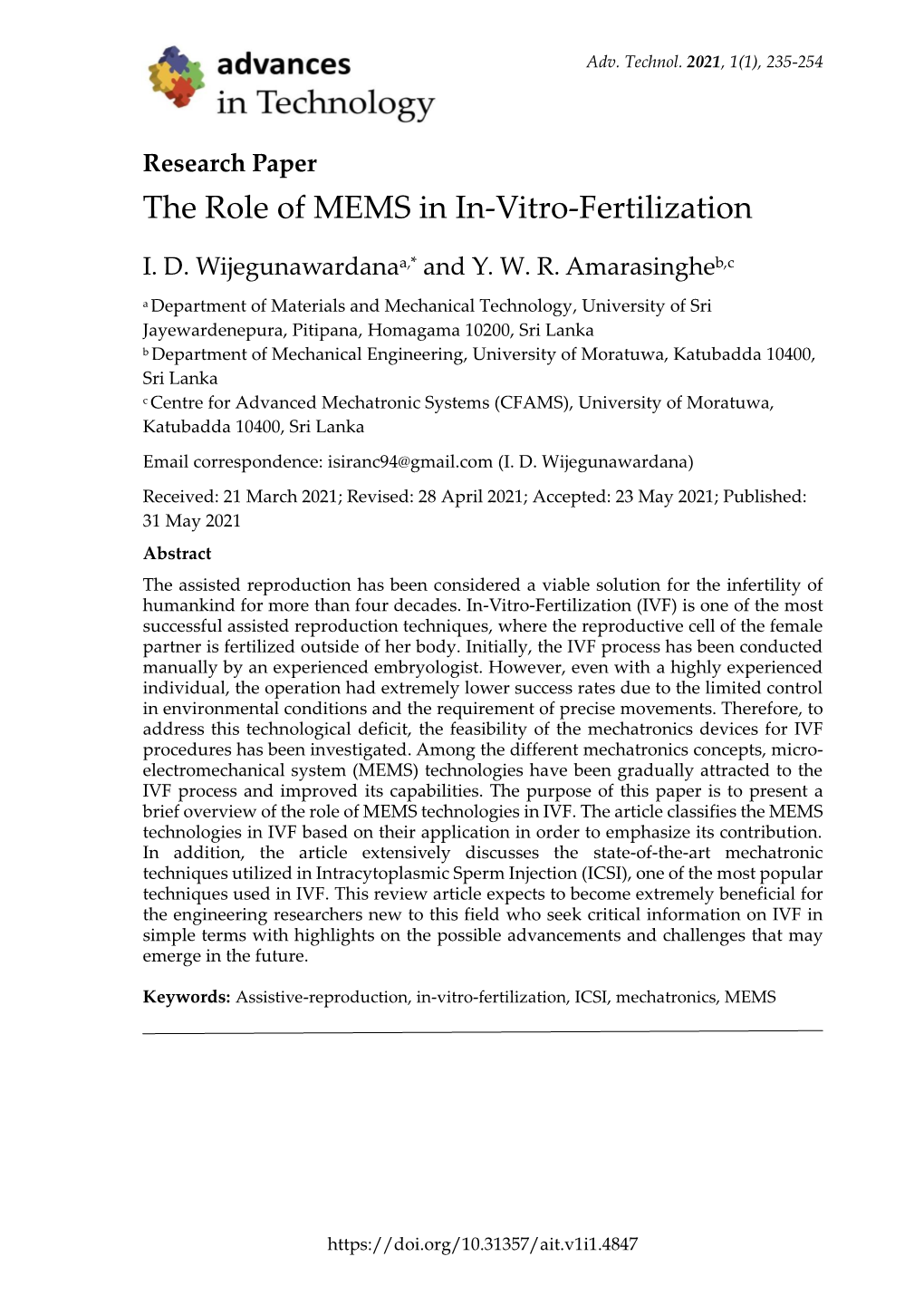 Research Paper the Role of MEMS in In-Vitro-Fertilization