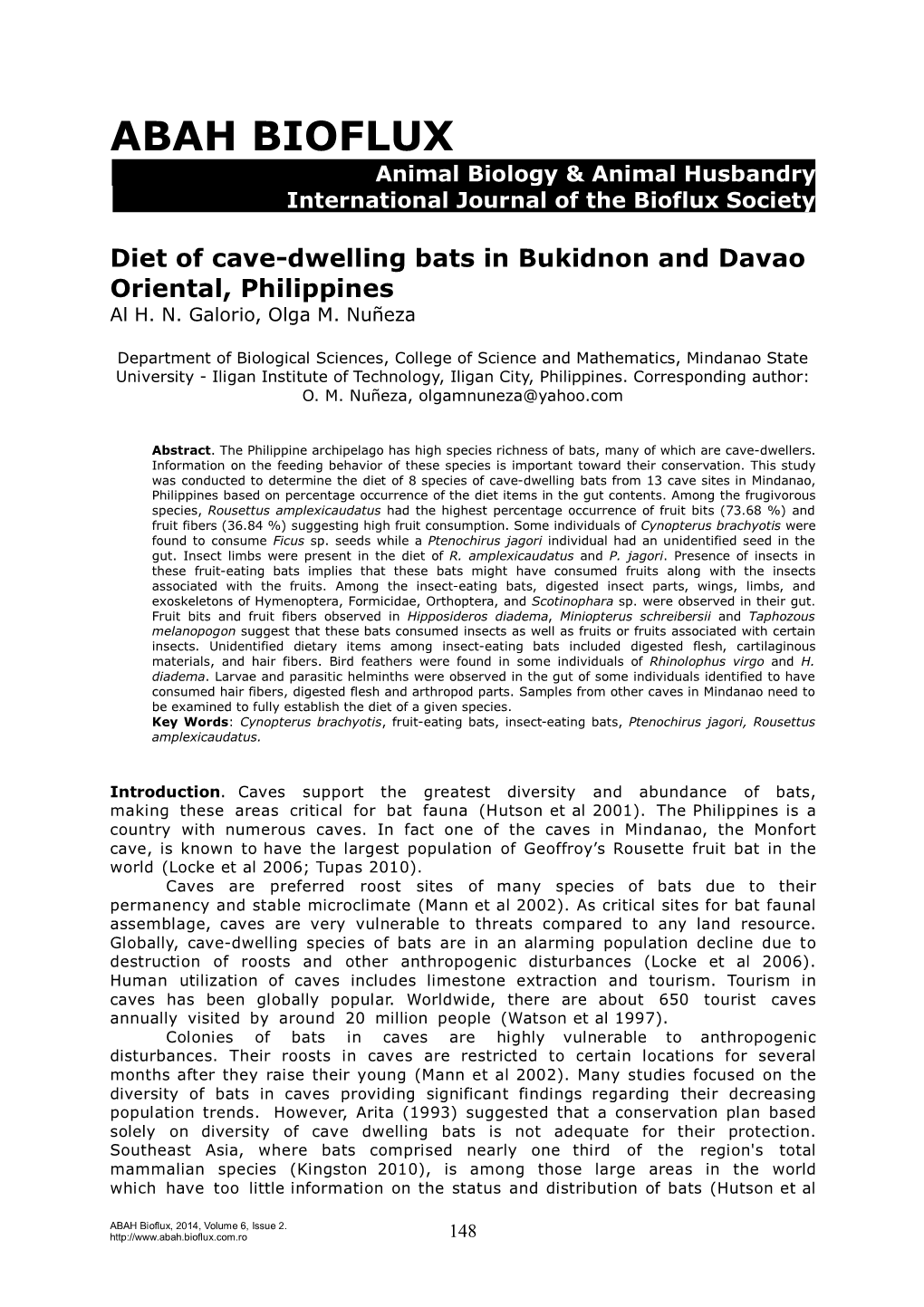 Galorio A. H. N., Nuneza O. M., 2014 Diet of Cave-Dwelling Bats In
