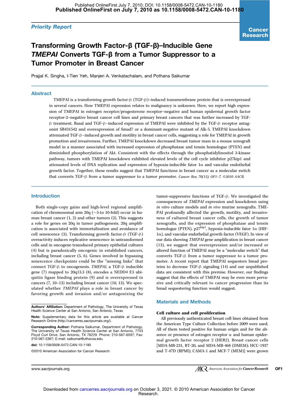 Transforming Growth Factor-Β (TGF-Β)–Inducible Gene TMEPAI Converts TGF-Β from a Tumor Suppressor to a Tumor Promoter in Breast Cancer