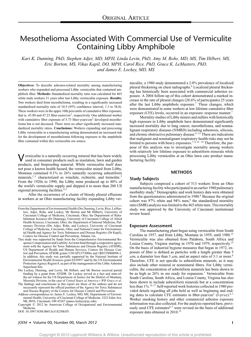 Mesothelioma Associated with Commercial Use of Vermiculite Containing Libby Amphibole