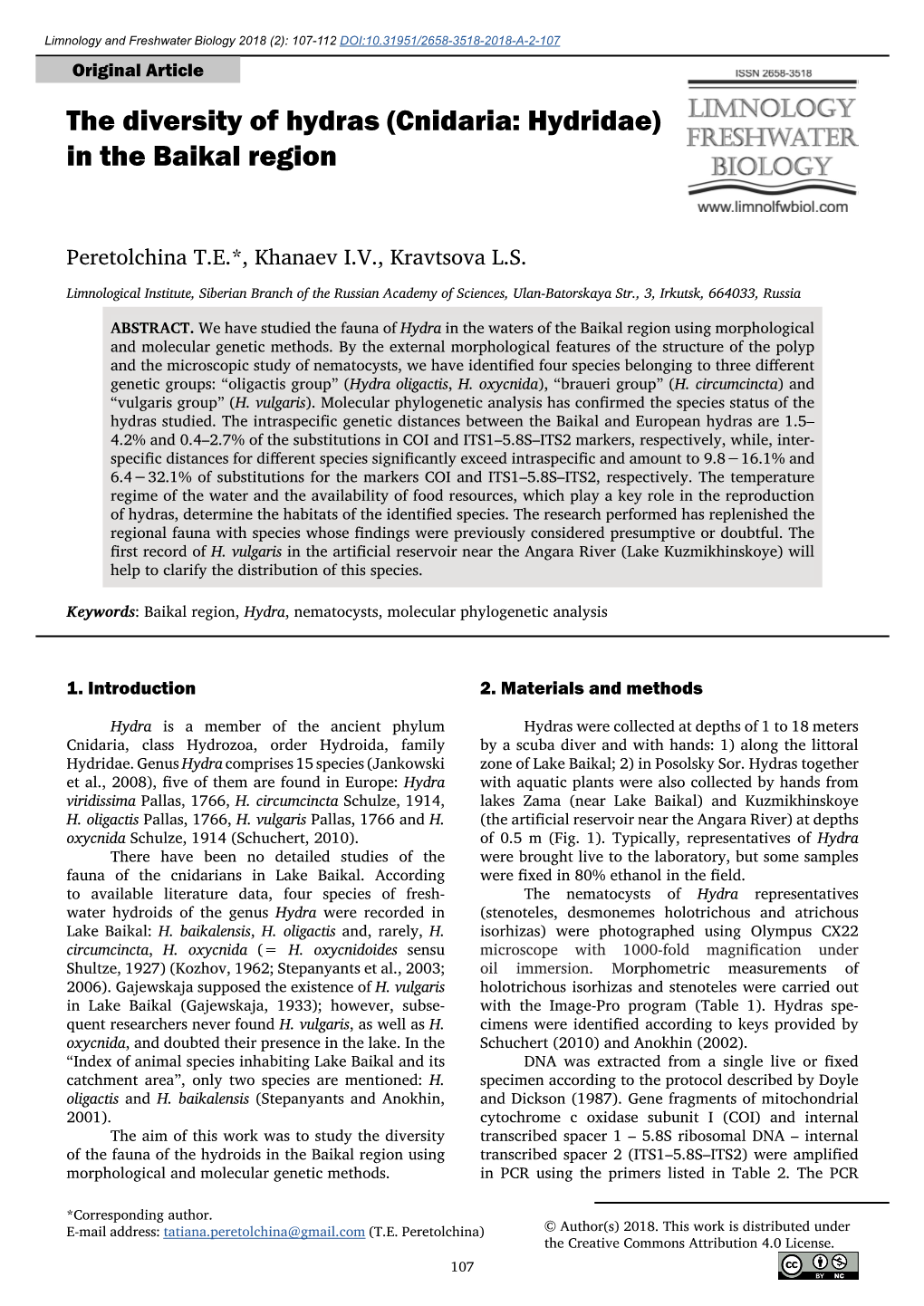 The Diversity of Hydras (Cnidaria: Hydridae) in the Baikal Region