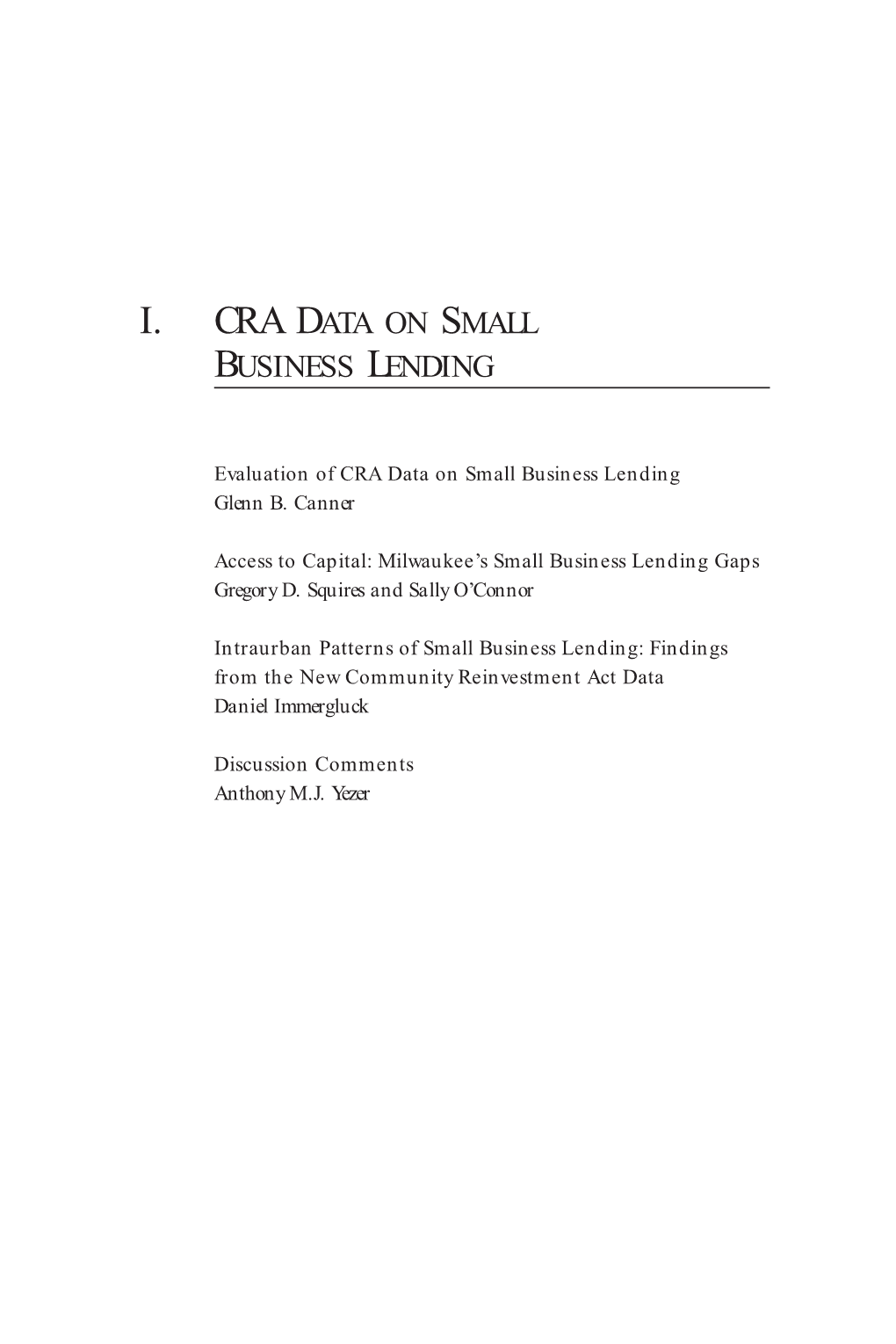 I. Cra Data on Small Business Lending