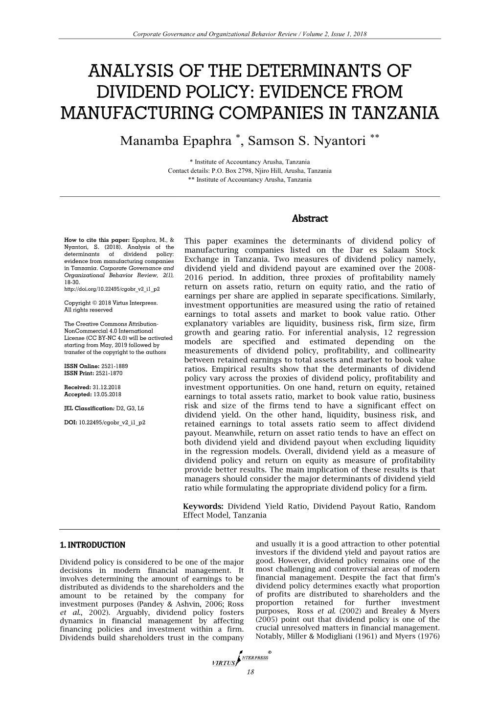 Analysis of the Determinants of Dividend Policy: Evidence from Manufacturing Companies in Tanzania