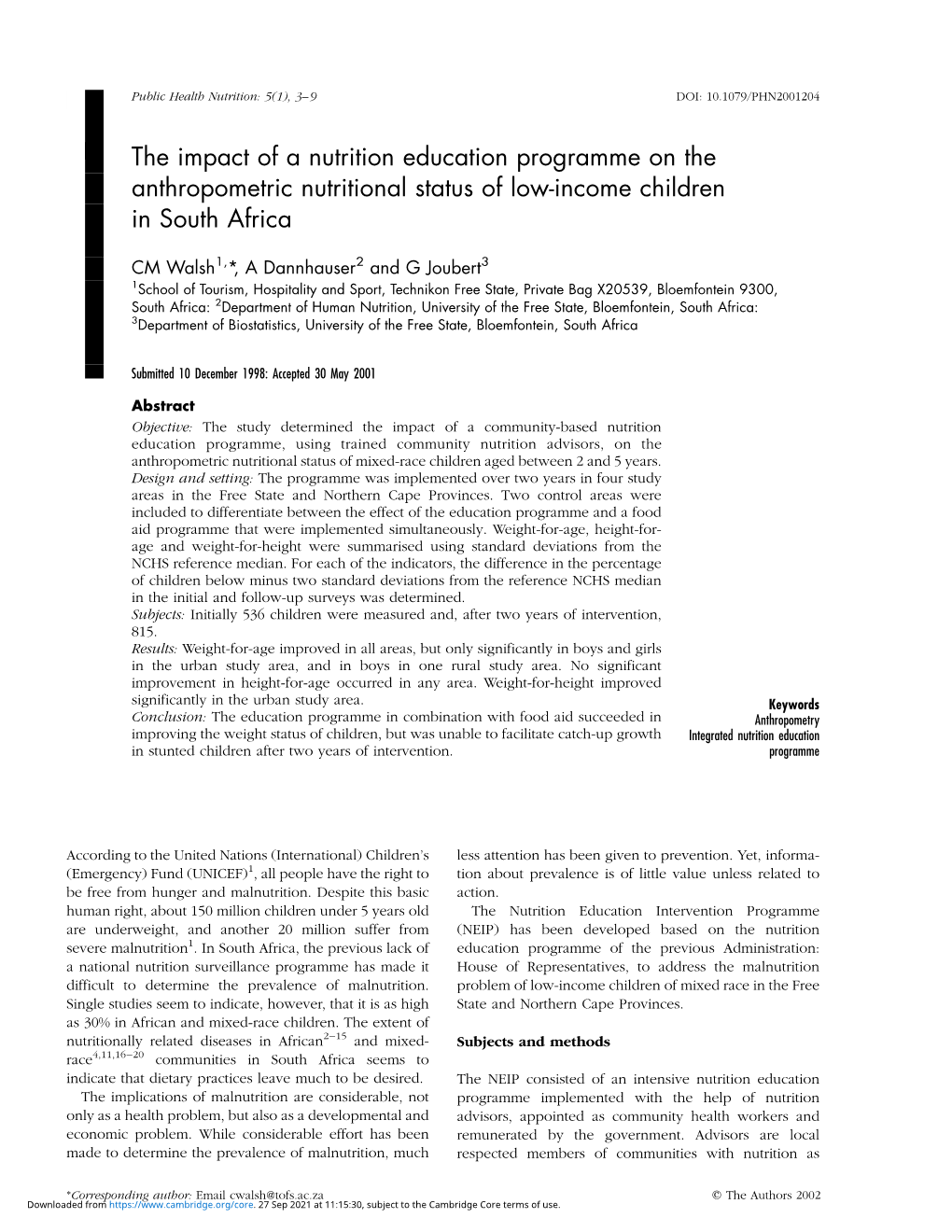 The Impact of a Nutrition Education Programme on the Anthropometric Nutritional Status of Low-Income Children in South Africa