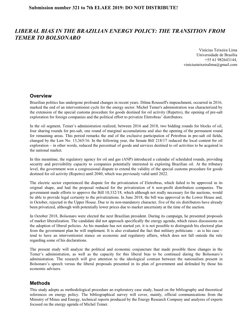 Liberal Bias in the Brazilian Energy Policy: the Transition from Temer to Bolsonaro