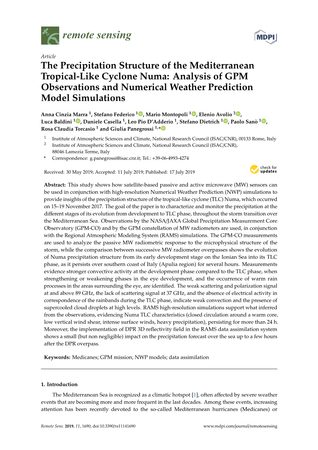 The Precipitation Structure of the Mediterranean Tropical-Like Cyclone Numa: Analysis of GPM Observations and Numerical Weather Prediction Model Simulations