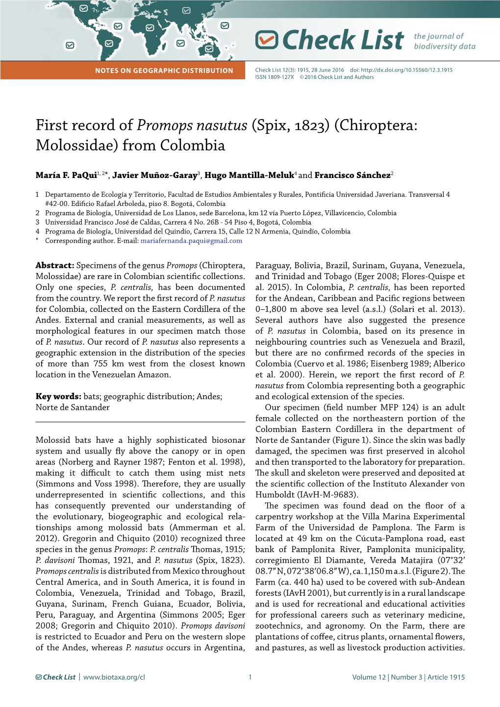 First Record of Promops Nasutus (Spix, 1823)(Chiroptera: Molossidae) From