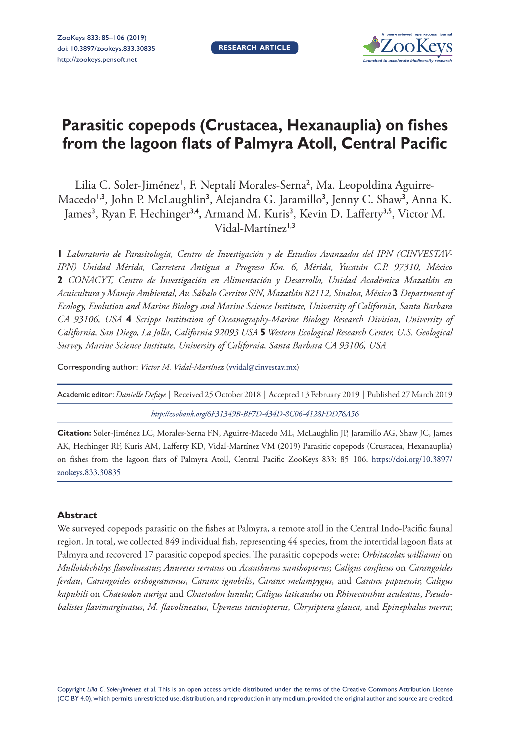 Parasitic Copepods (Crustacea, Hexanauplia) on Fishes from the Lagoon Flats of Palmyra Atoll, Central Pacific