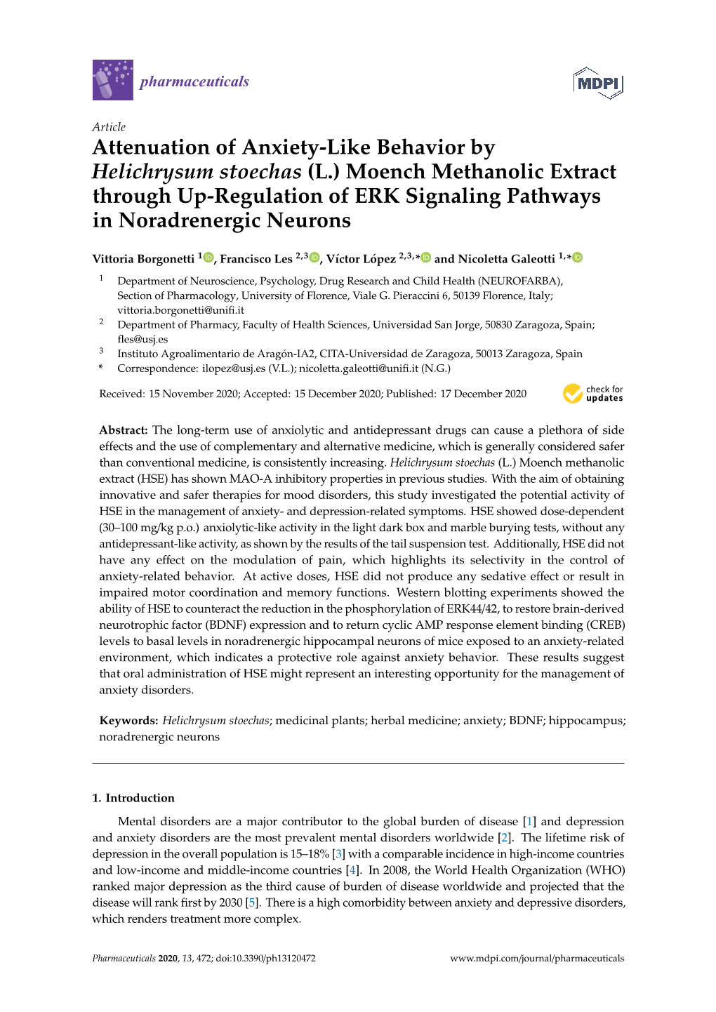 Attenuation of Anxiety-Like Behavior by Helichrysum Stoechas (L.) Moench Methanolic Extract Through Up-Regulation of ERK Signaling Pathways in Noradrenergic Neurons