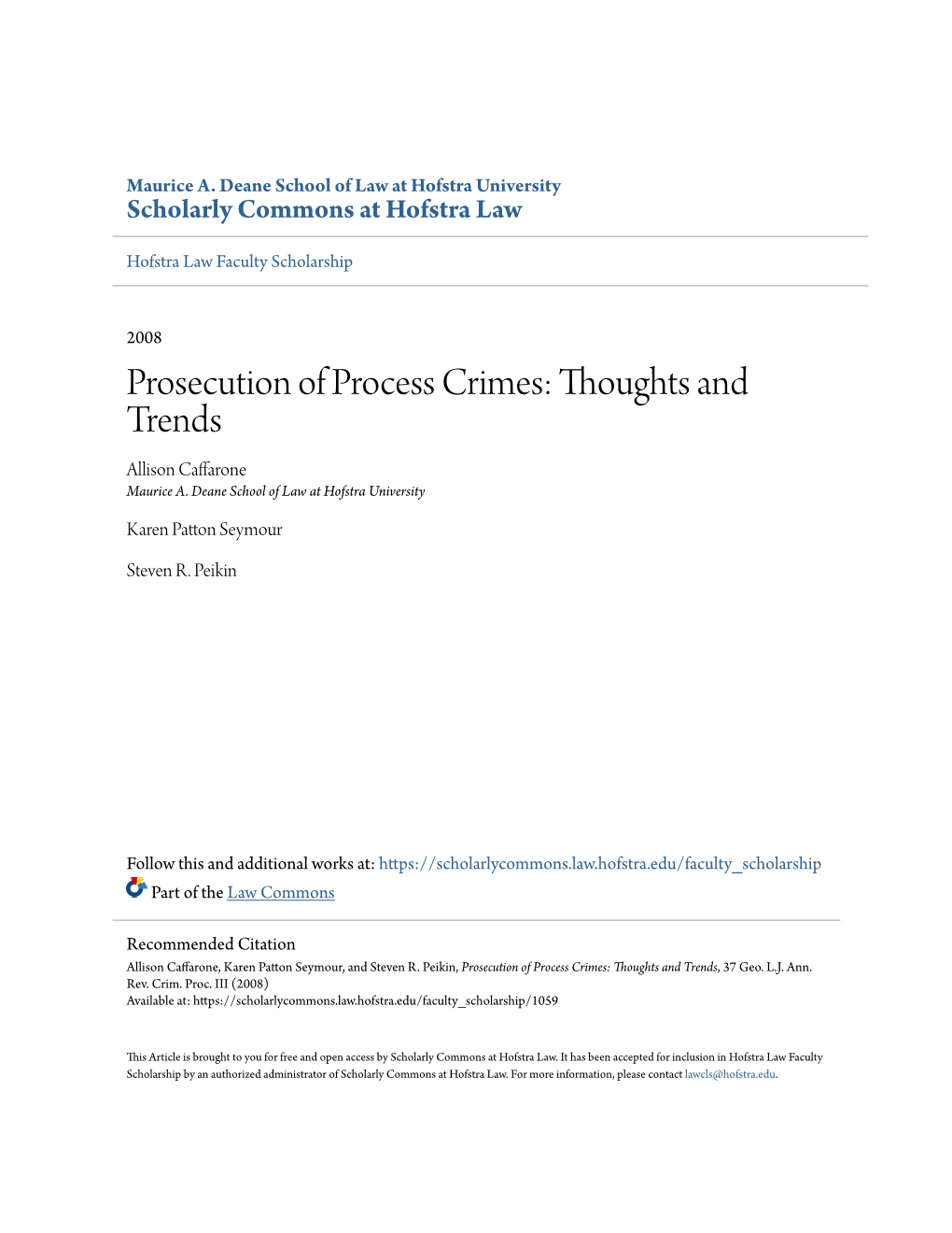 Prosecution of Process Crimes: Thoughts and Trends Allison Caffarone Maurice A