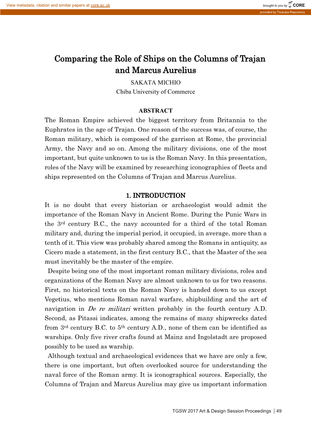 Comparing the Role of Ships on the Columns of Trajan and Marcus Aurelius SAKATA MICHIO Chiba University of Commerce