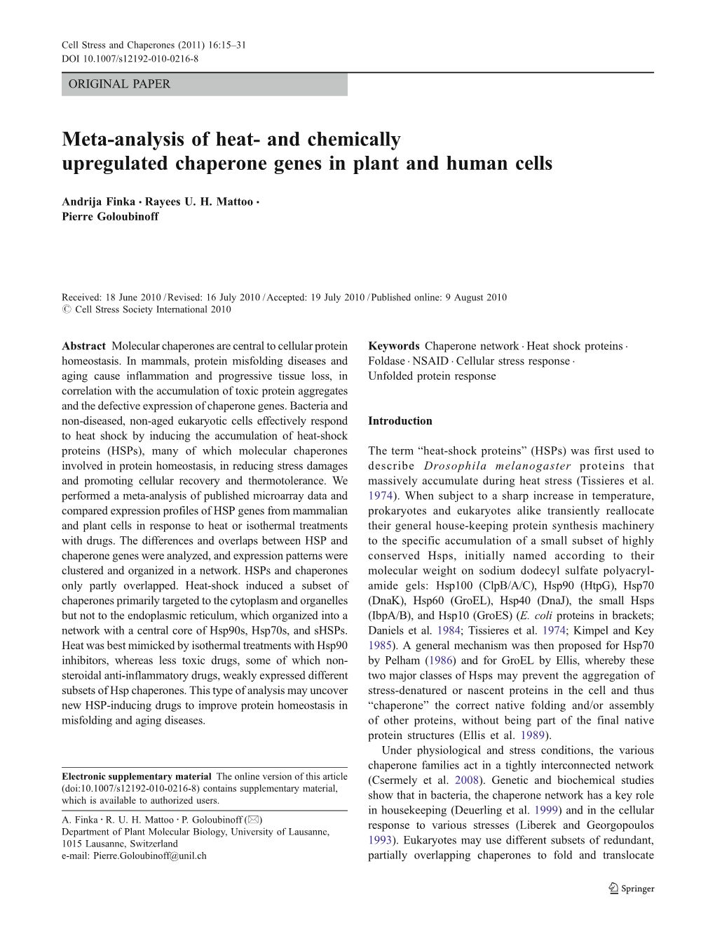 And Chemically Upregulated Chaperone Genes in Plant and Human Cells