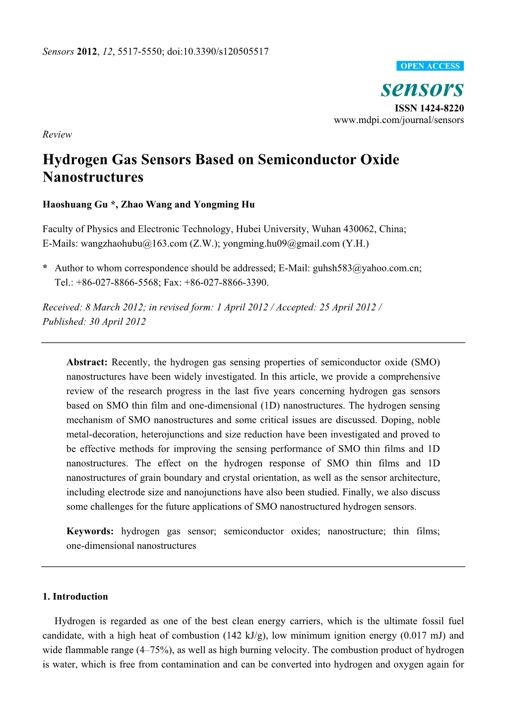 Hydrogen Gas Sensors Based on Semiconductor Oxide Nanostructures