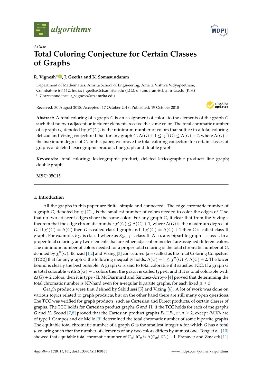 Total Coloring Conjecture for Certain Classes of Graphs