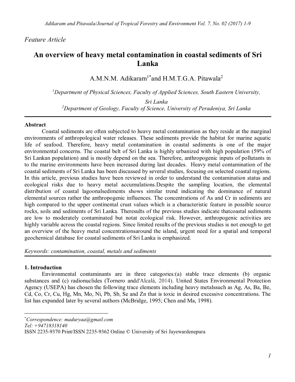 An Overview of Heavy Metal Contamination in Coastal Sediments of Sri Lanka