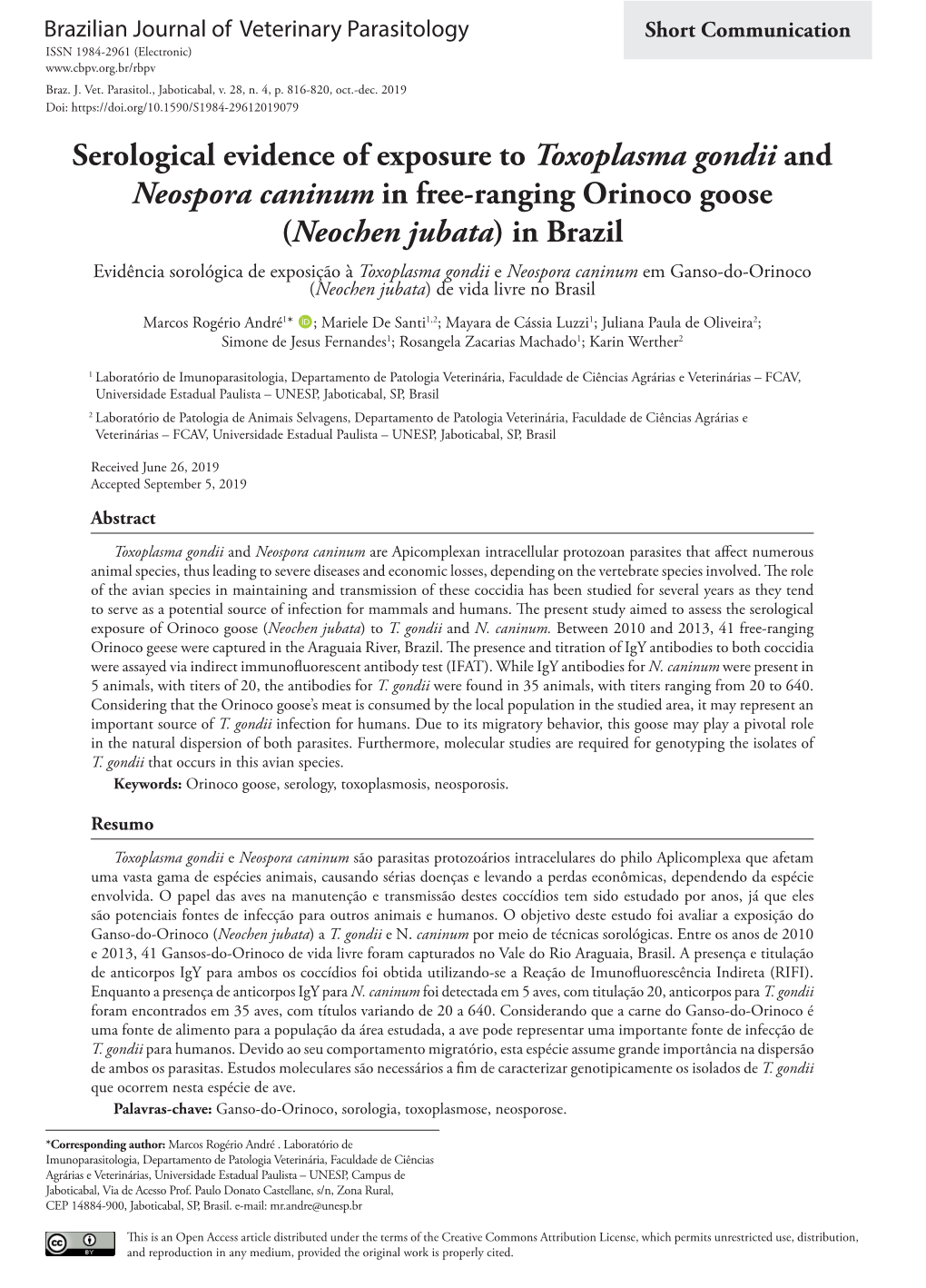 Serological Evidence of Exposure to Toxoplasma Gondii and Neospora