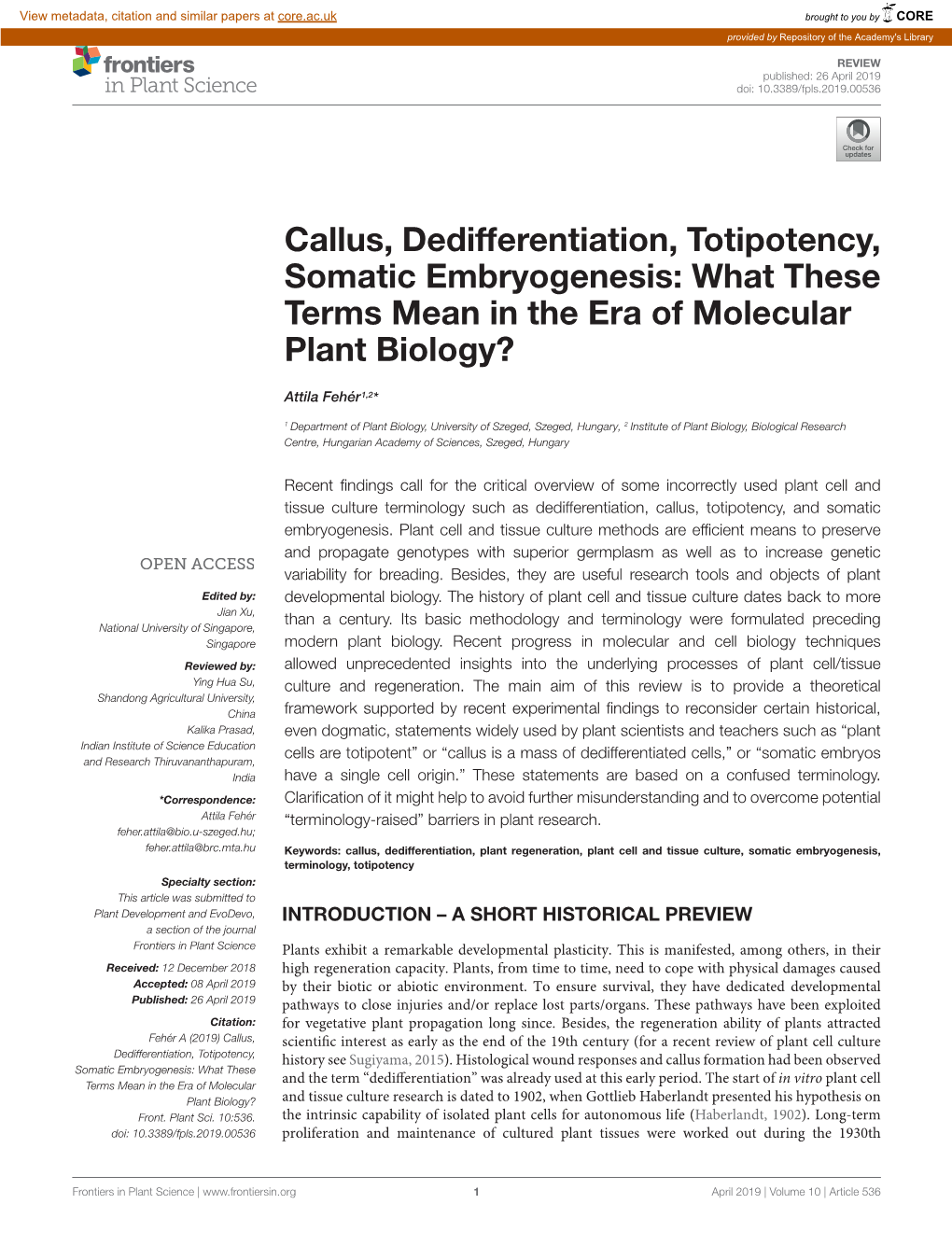 Callus, Dedifferentiation, Totipotency, Somatic Embryogenesis: What These Terms Mean in the Era of Molecular Plant Biology?