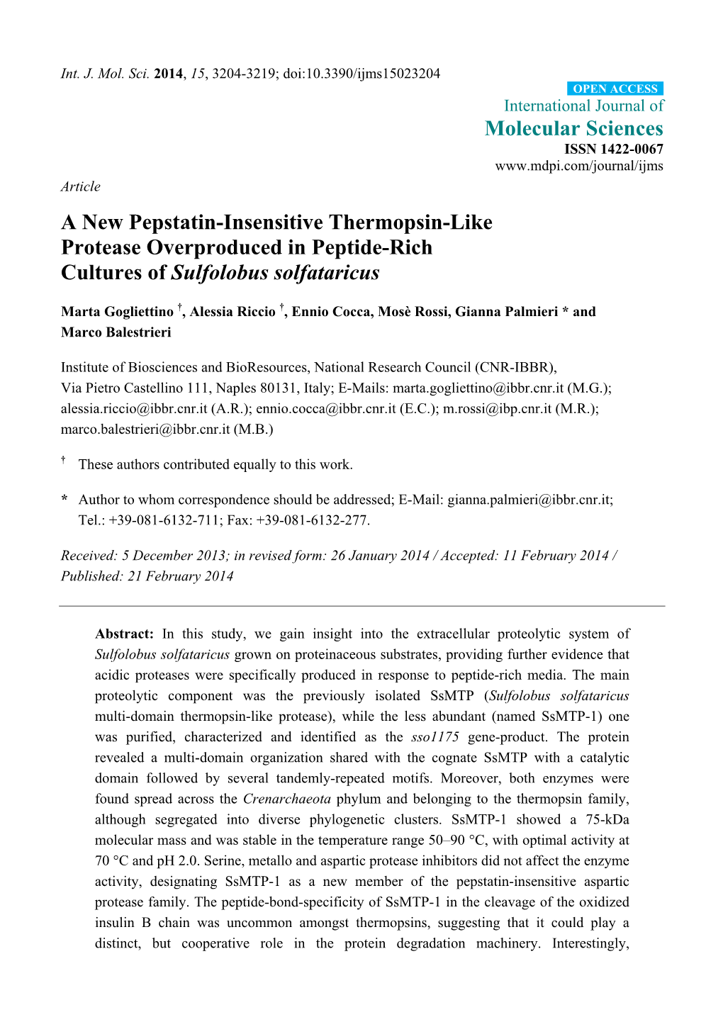 Molecular Sciences a New Pepstatin-Insensitive Thermopsin