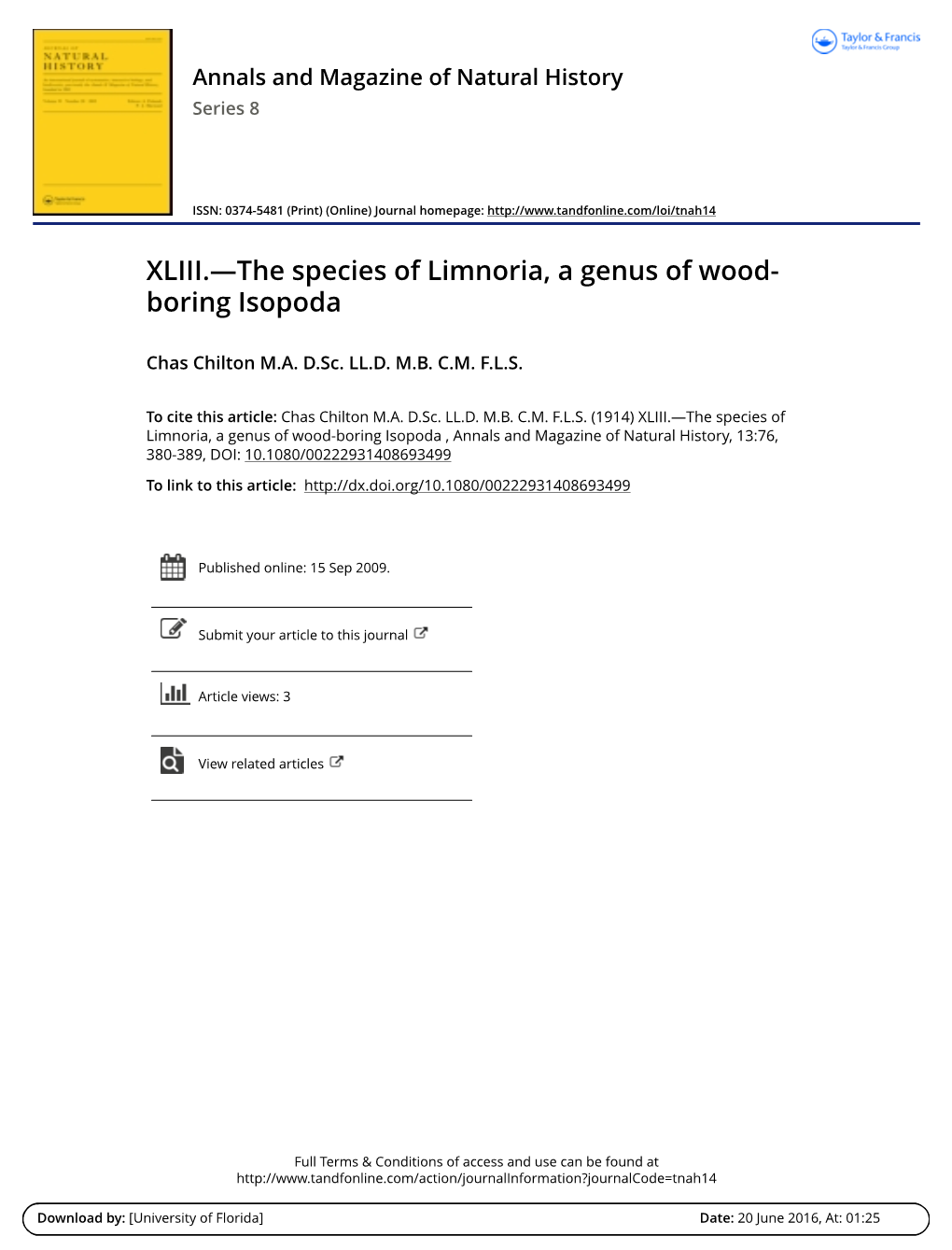 The Species of Limnoria, a Genus of Wood- Boring Isopoda