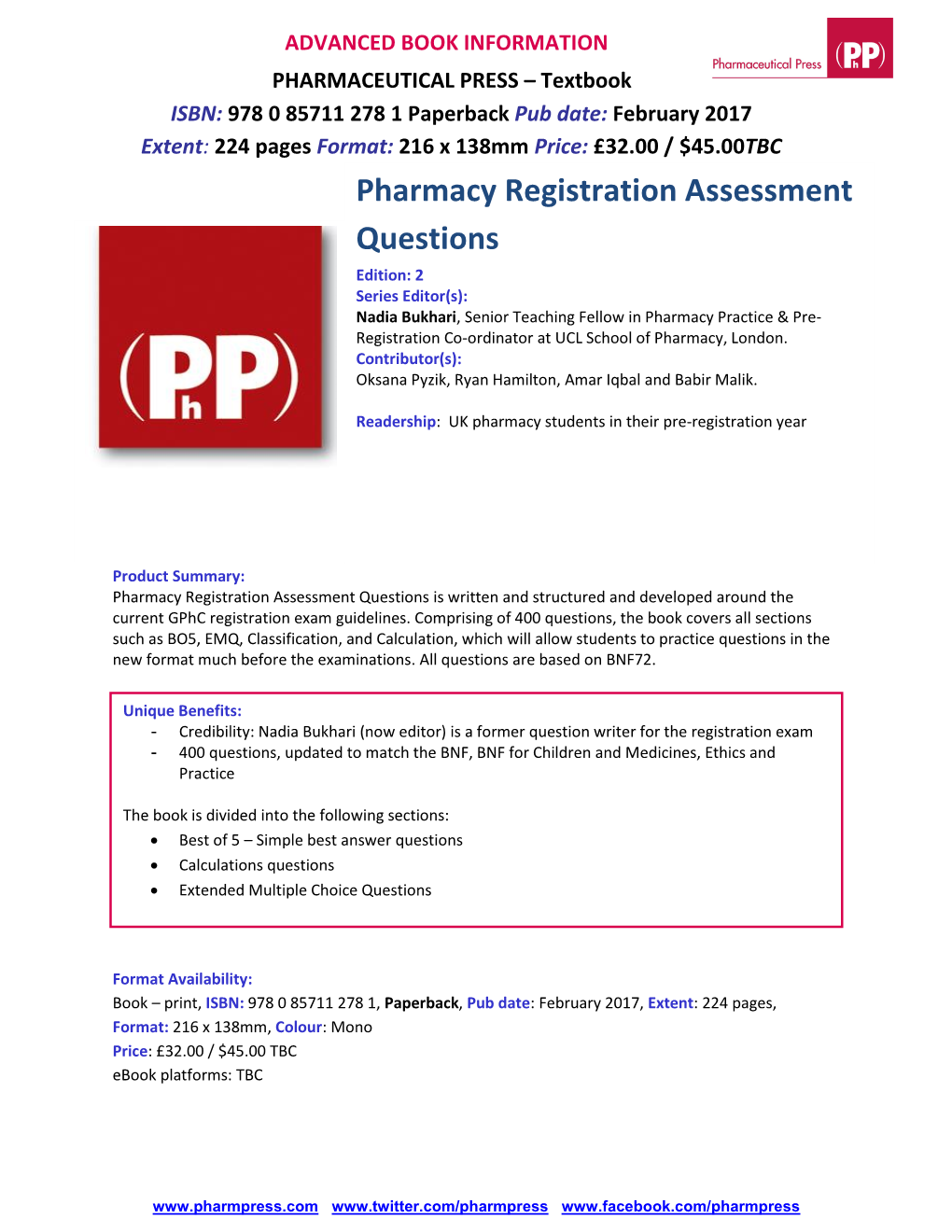 Pharmacy Registration Assessment Questions, Edition 2