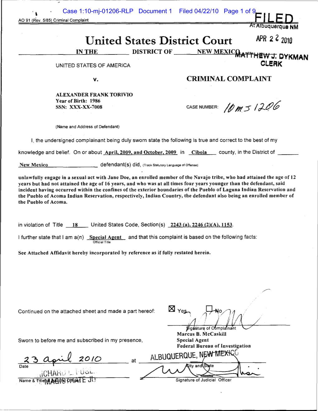 United States V. Alexander Frank Torivio; Criminal Complaint