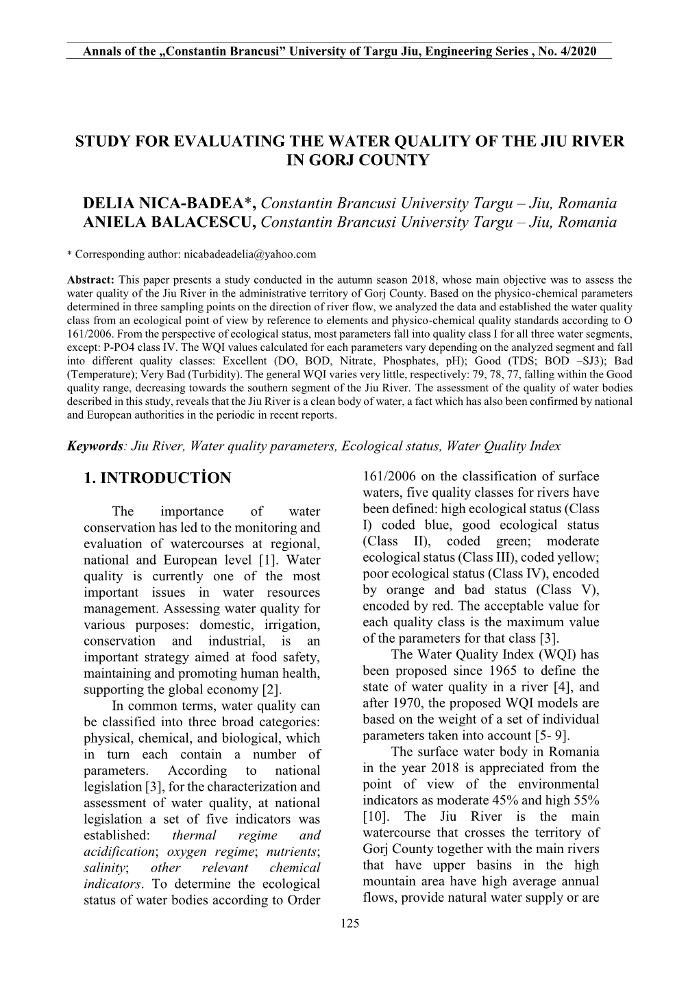 Study for Evaluating the Water Quality of the Jiu River in Gorj County