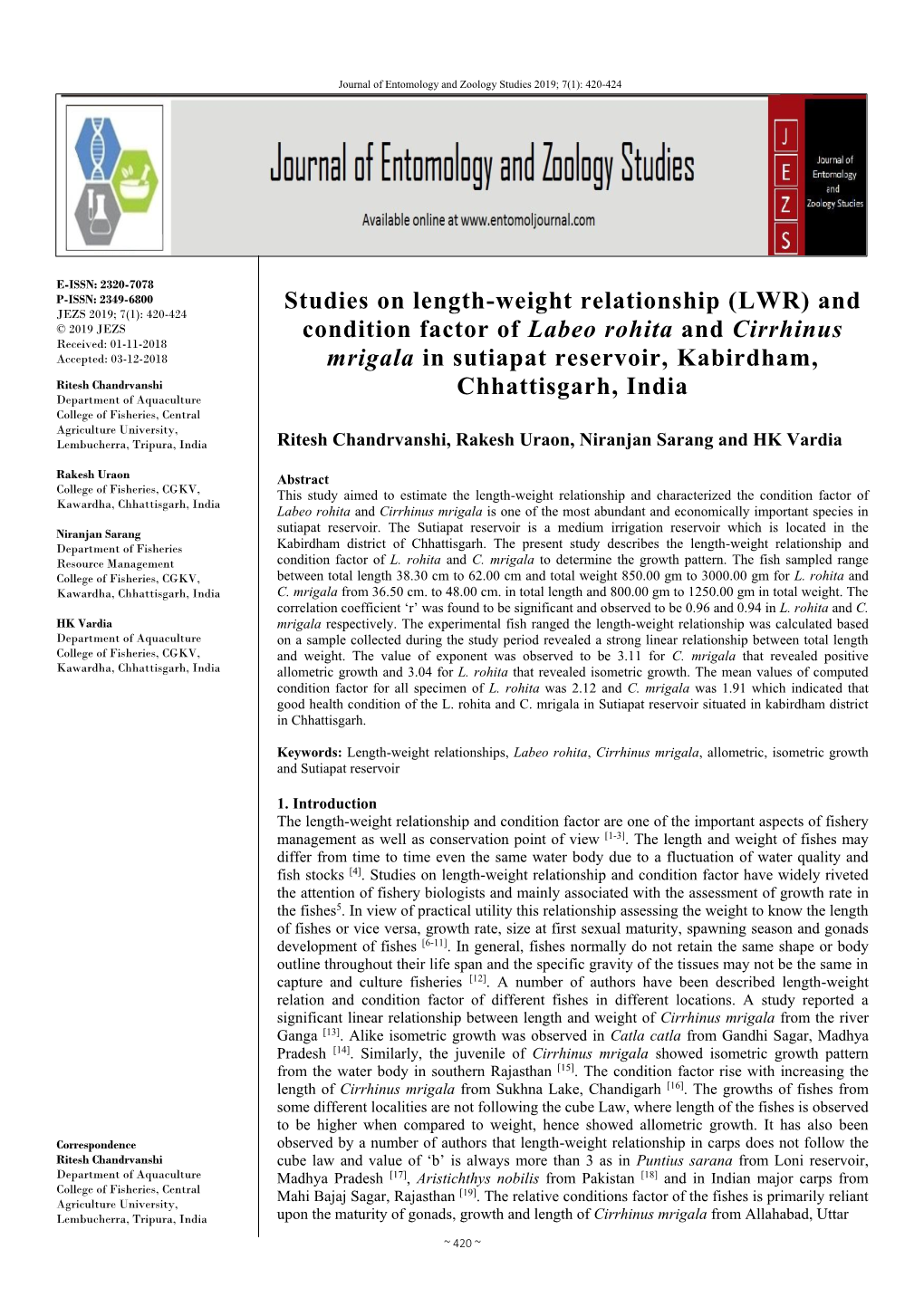 And Condition Factor of Labeo Rohita and Cirrhinus Mrigala in Sutiapat