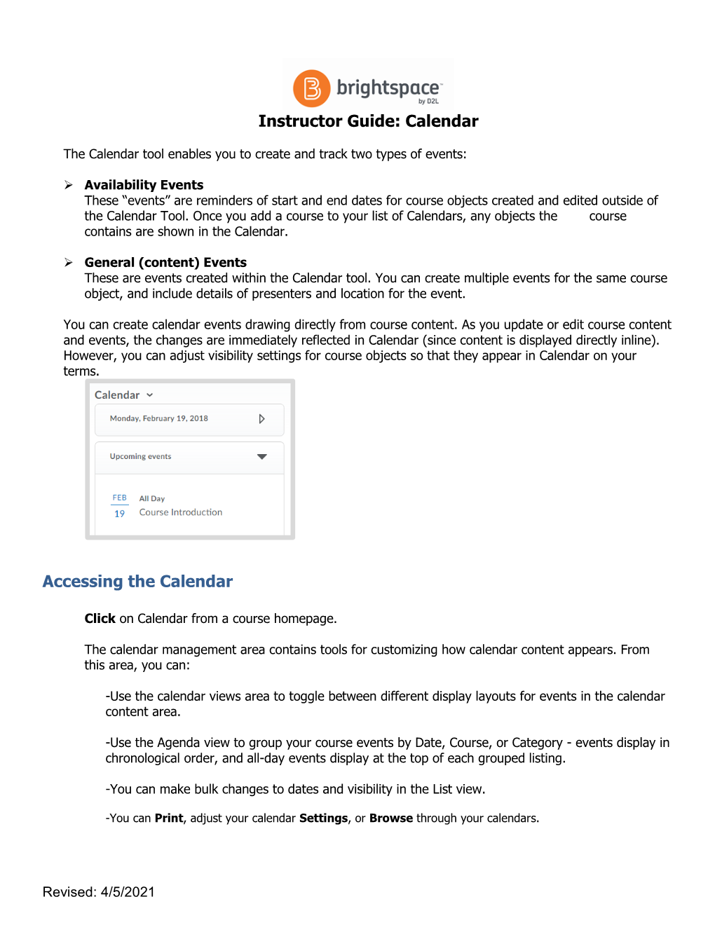 Brightspace Instructor Calendar