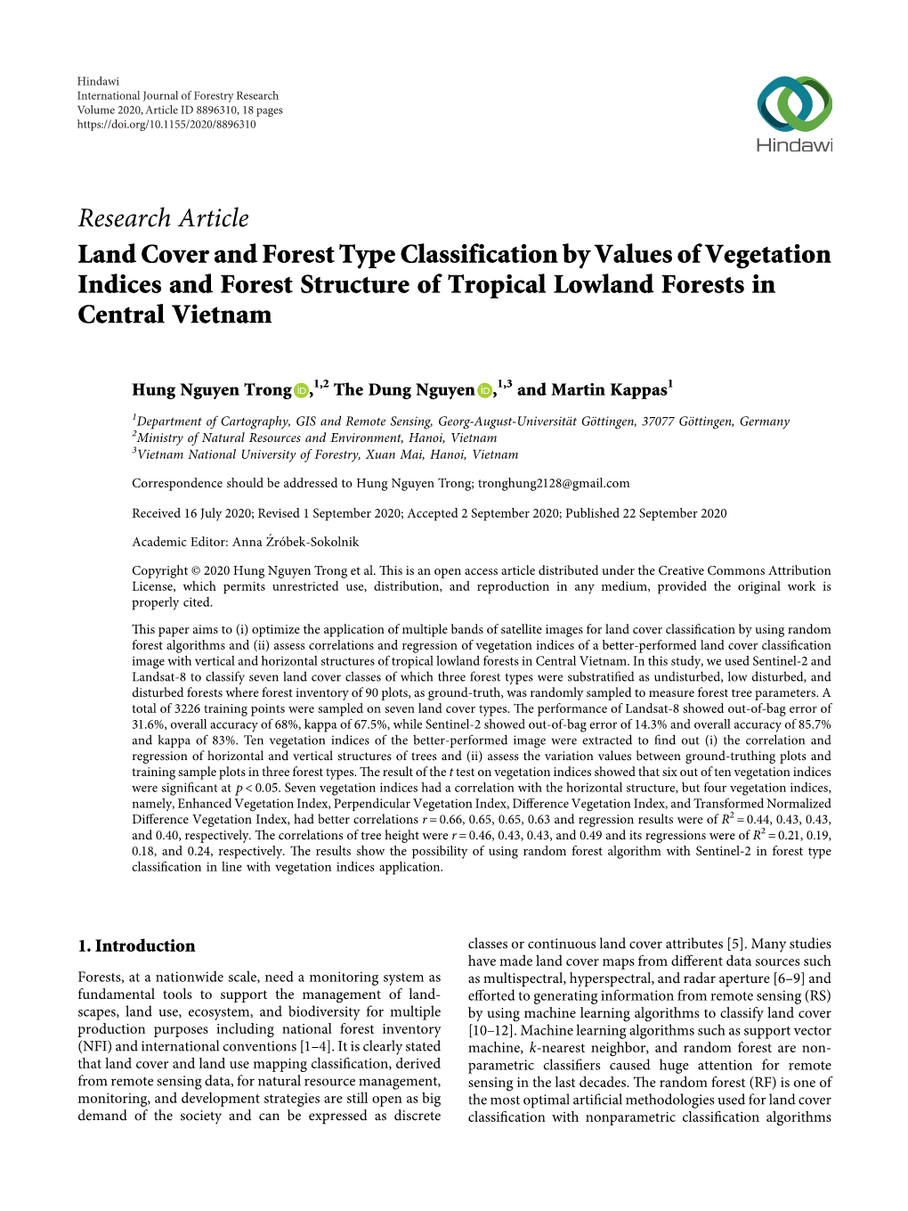 Land Cover and Forest Type Classification by Values of Vegetation Indices and Forest Structure of Tropical Lowland Forests in Central Vietnam