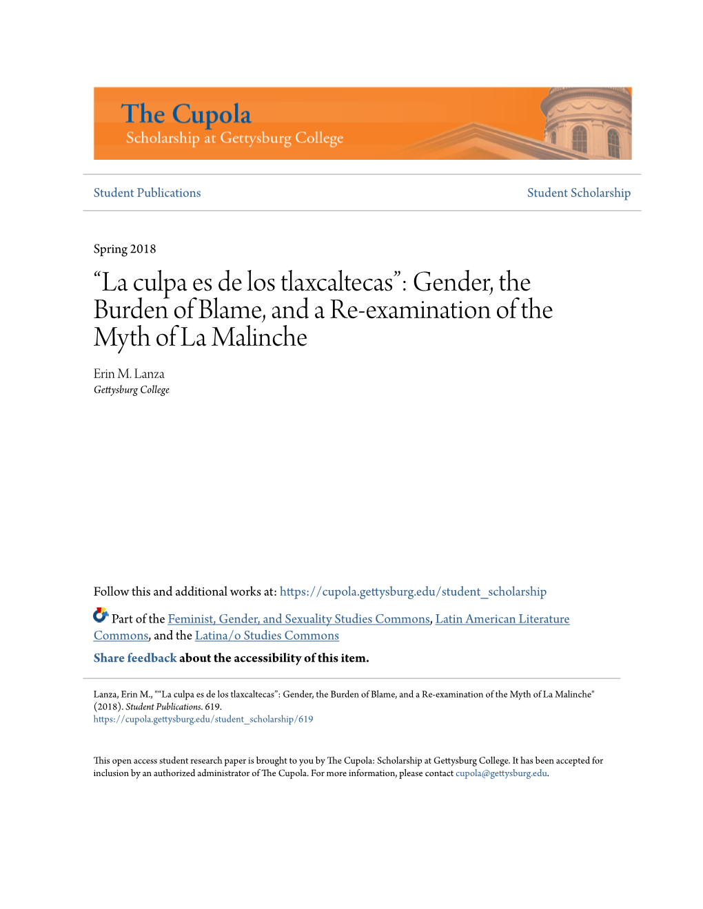 La Culpa Es De Los Tlaxcaltecas”: Gender, the Burden of Blame, and a Re-Examination of the Myth of La Malinche Erin M