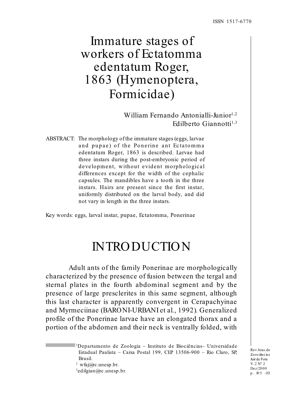 Ectatomma Edentatum Roger, 1863 Is Described