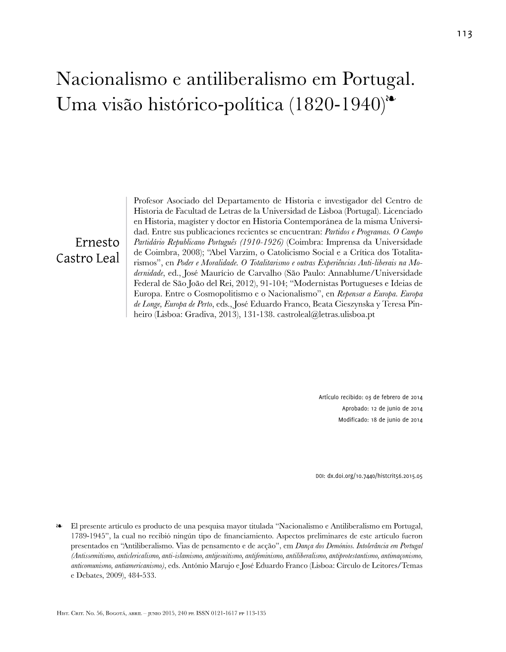 Nacionalismo E Antiliberalismo Em Portugal. Uma Visão Histórico-Política (1820-1940)Ï