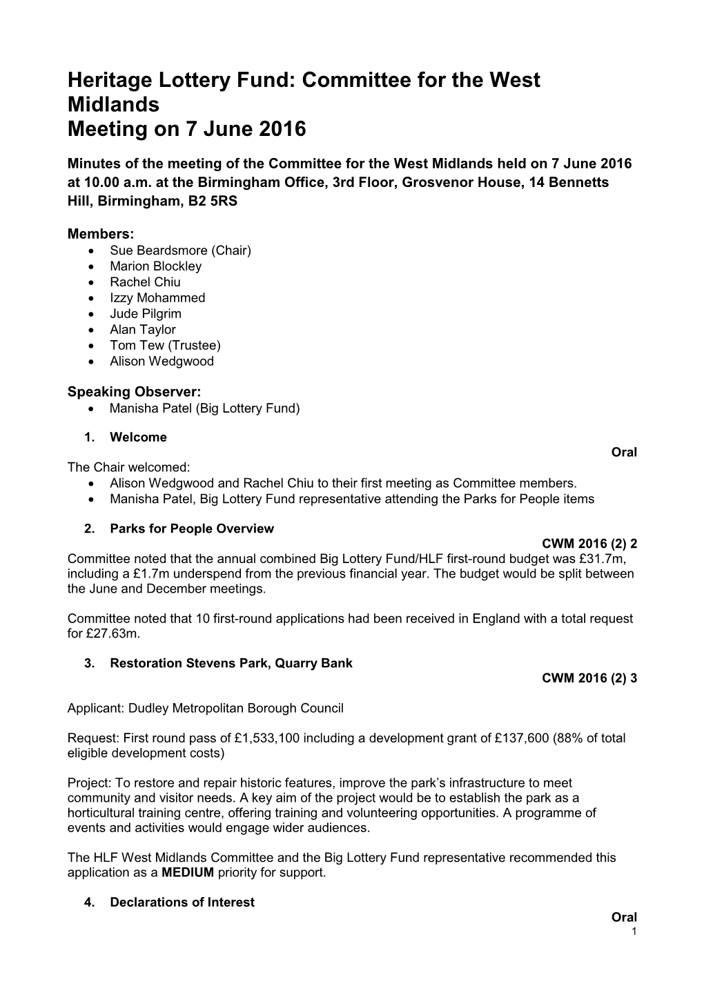 Committee for the West Midlands Minutes of the June Meeting