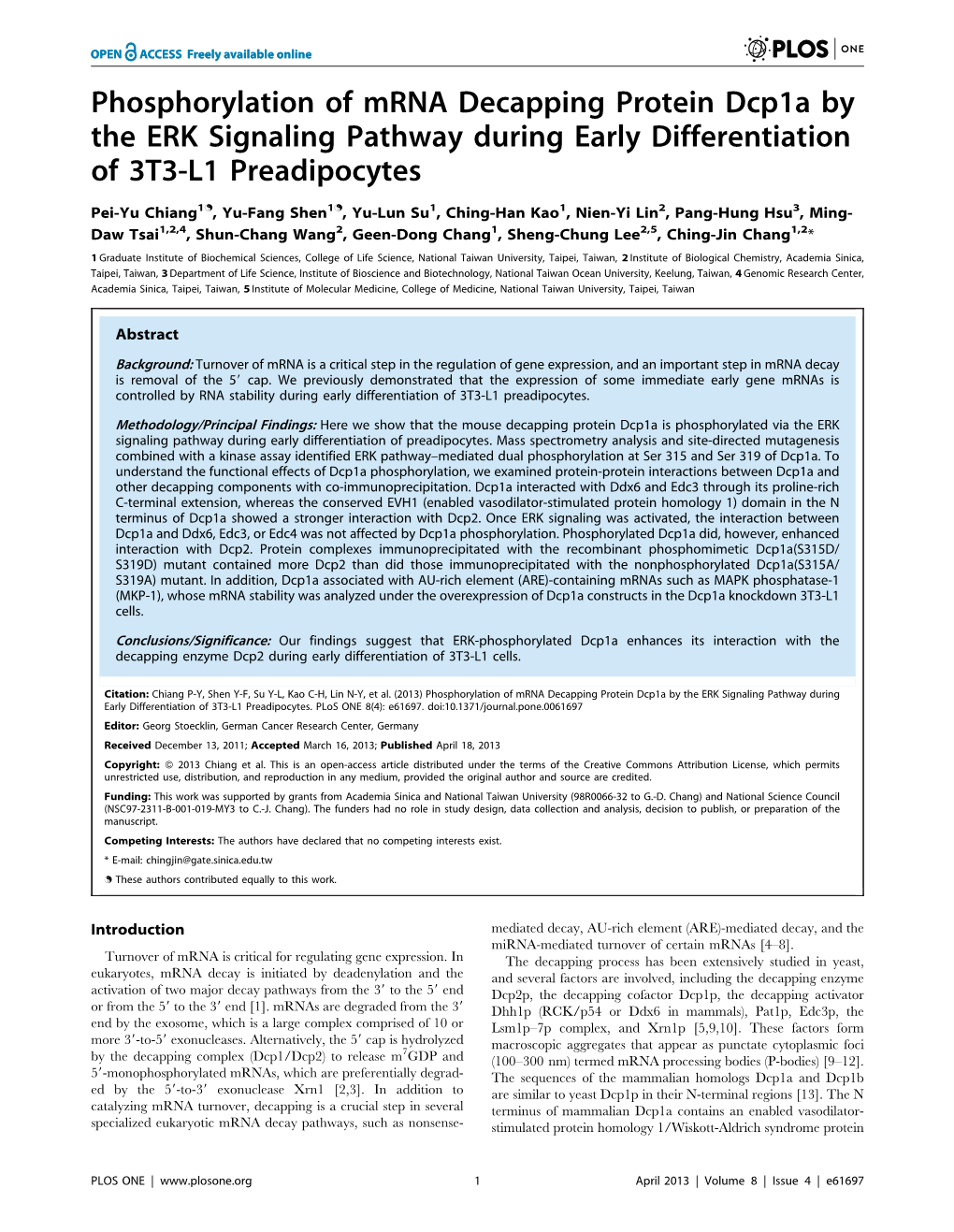 Phosphorylation of Mrna Decapping Protein Dcp1a by the ERK Signaling Pathway During Early Differentiation of 3T3-L1 Preadipocytes