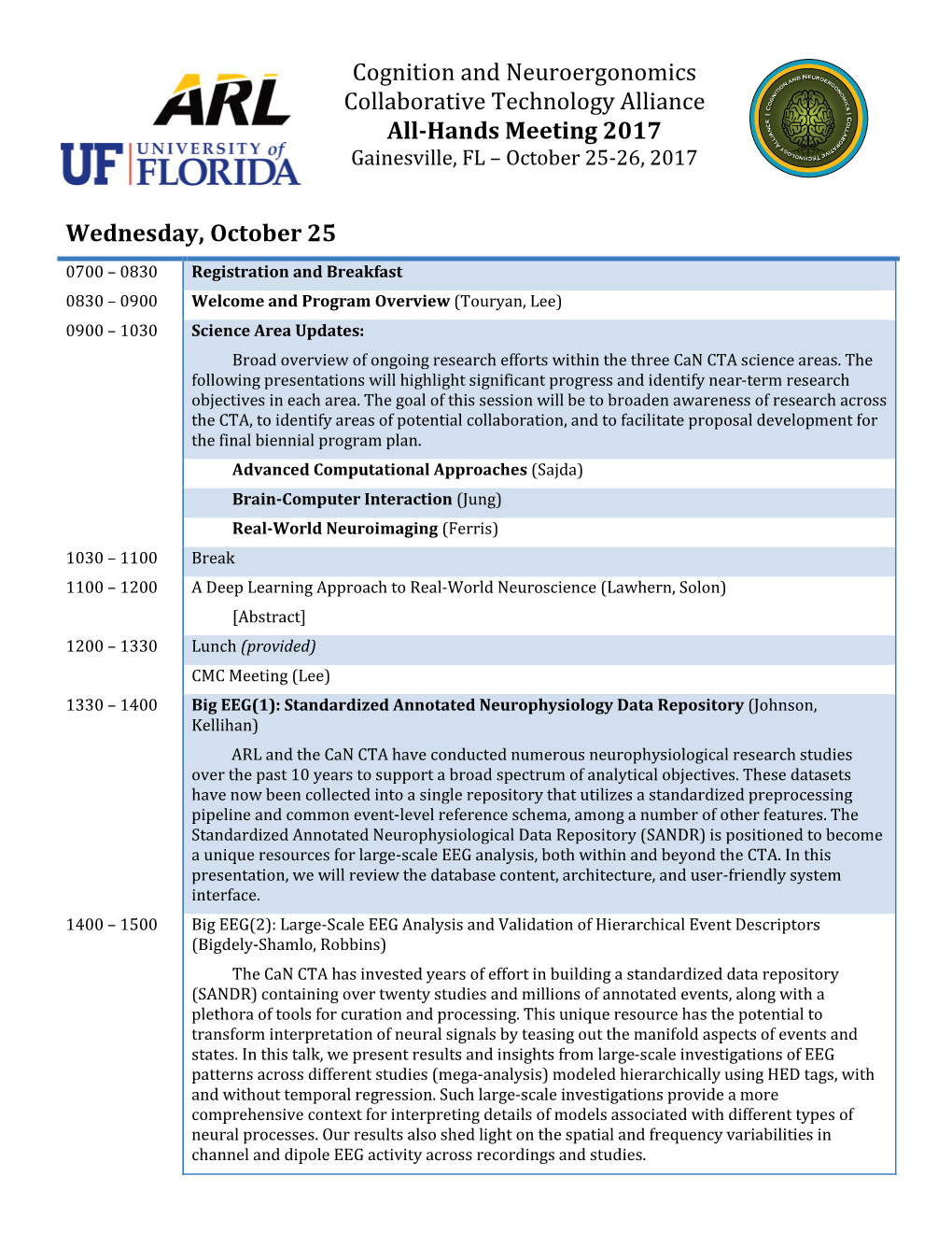 Cognition and Neuroergonomics Collaborative Technology Alliance All-Hands Meeting 2017 Gainesville, FL – October 25-26, 2017