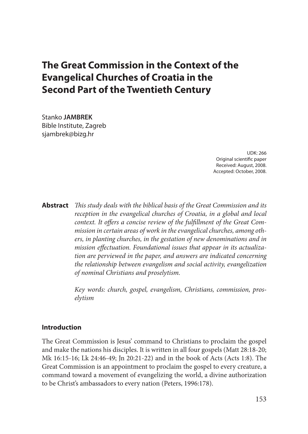 The Great Commission in the Context of the Evangelical Churches of Croatia