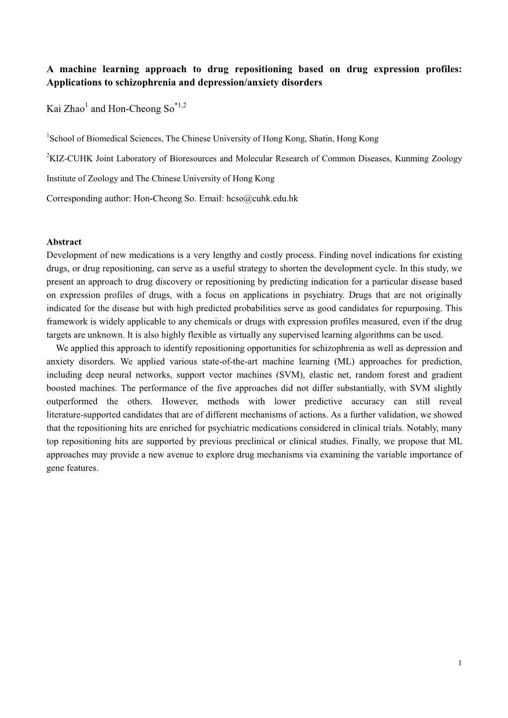 A Machine Learning Approach to Drug Repositioning Based on Drug Expression Profiles: Applications to Schizophrenia and Depression/Anxiety Disorders