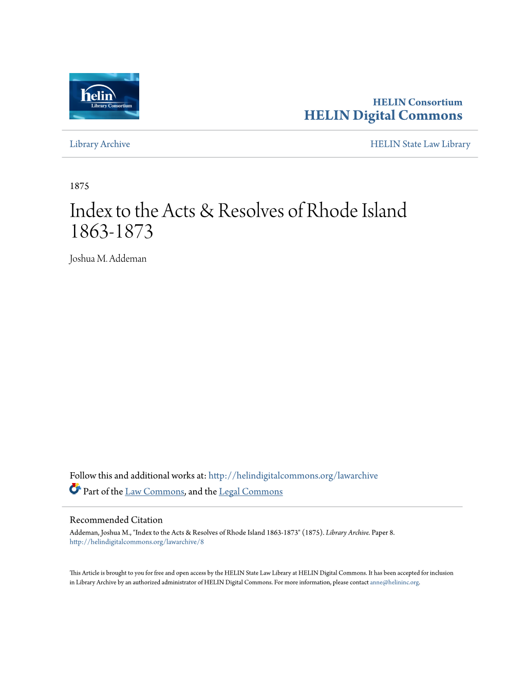 To the Acts & Resolves of Rhode Island 1863-1873