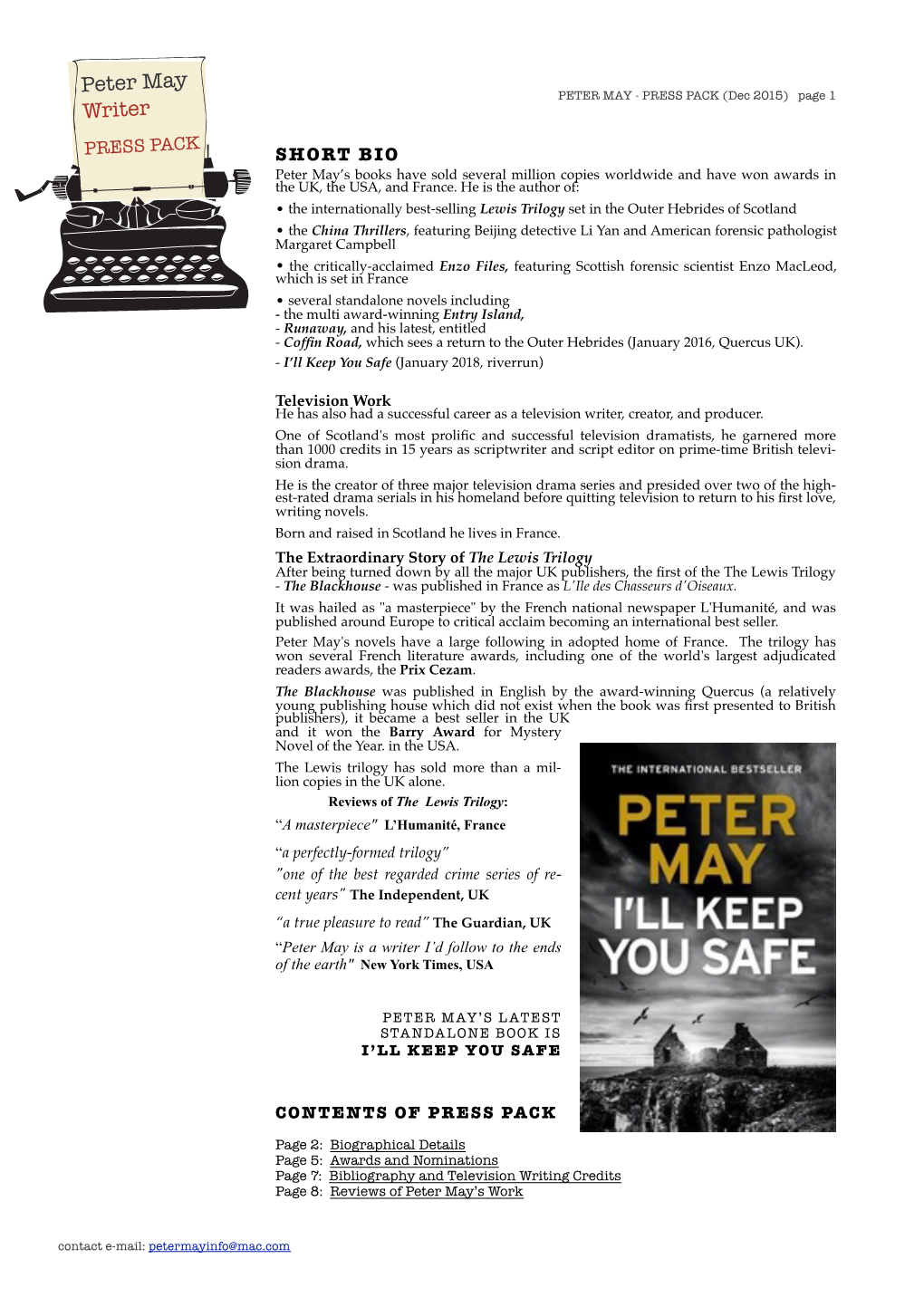 To Download Peter May's Latest PRESS PACK