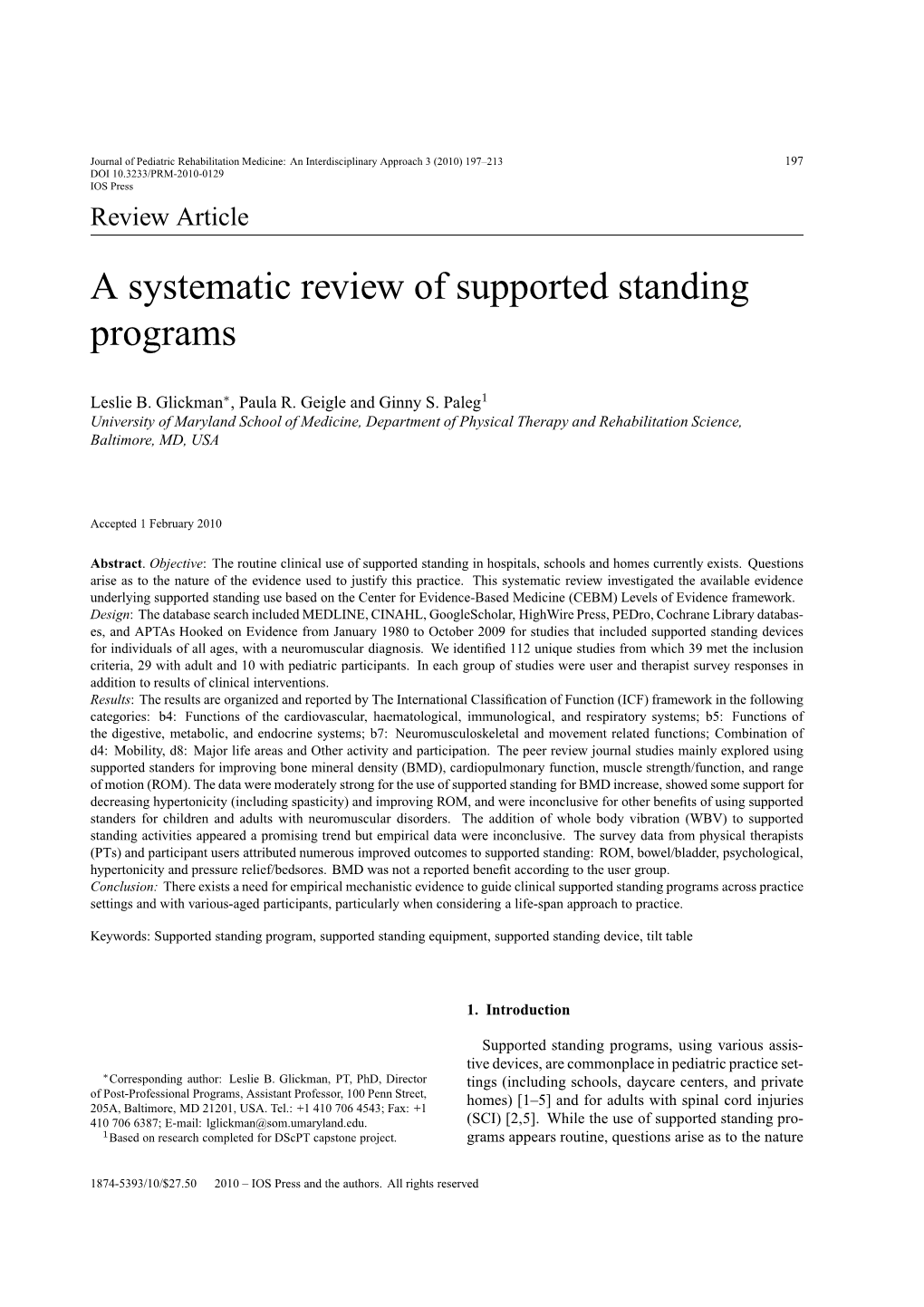 A Systematic Review of Supported Standing Programs