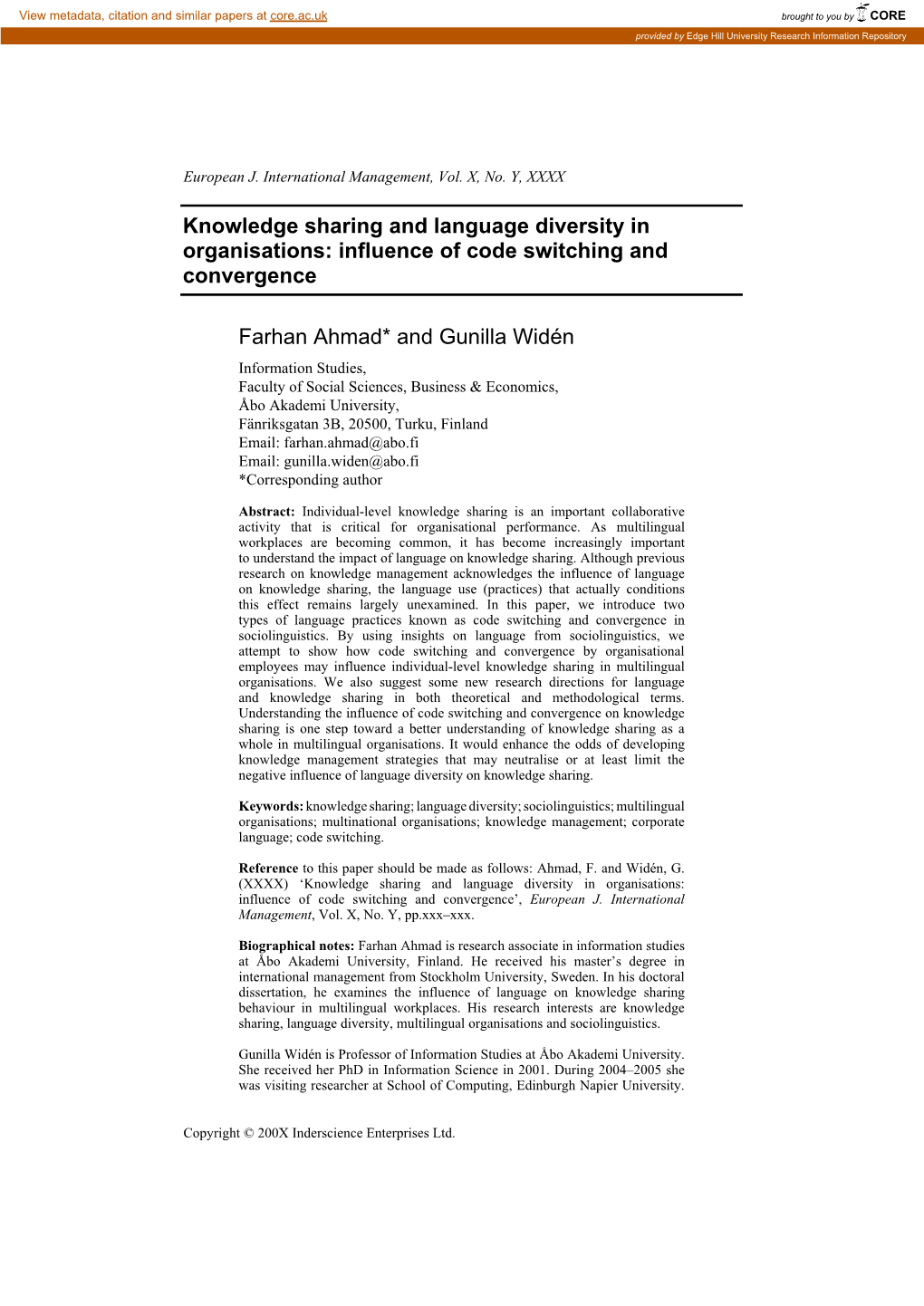 Knowledge Sharing and Language Diversity in Organisations: Influence of Code Switching and Convergence