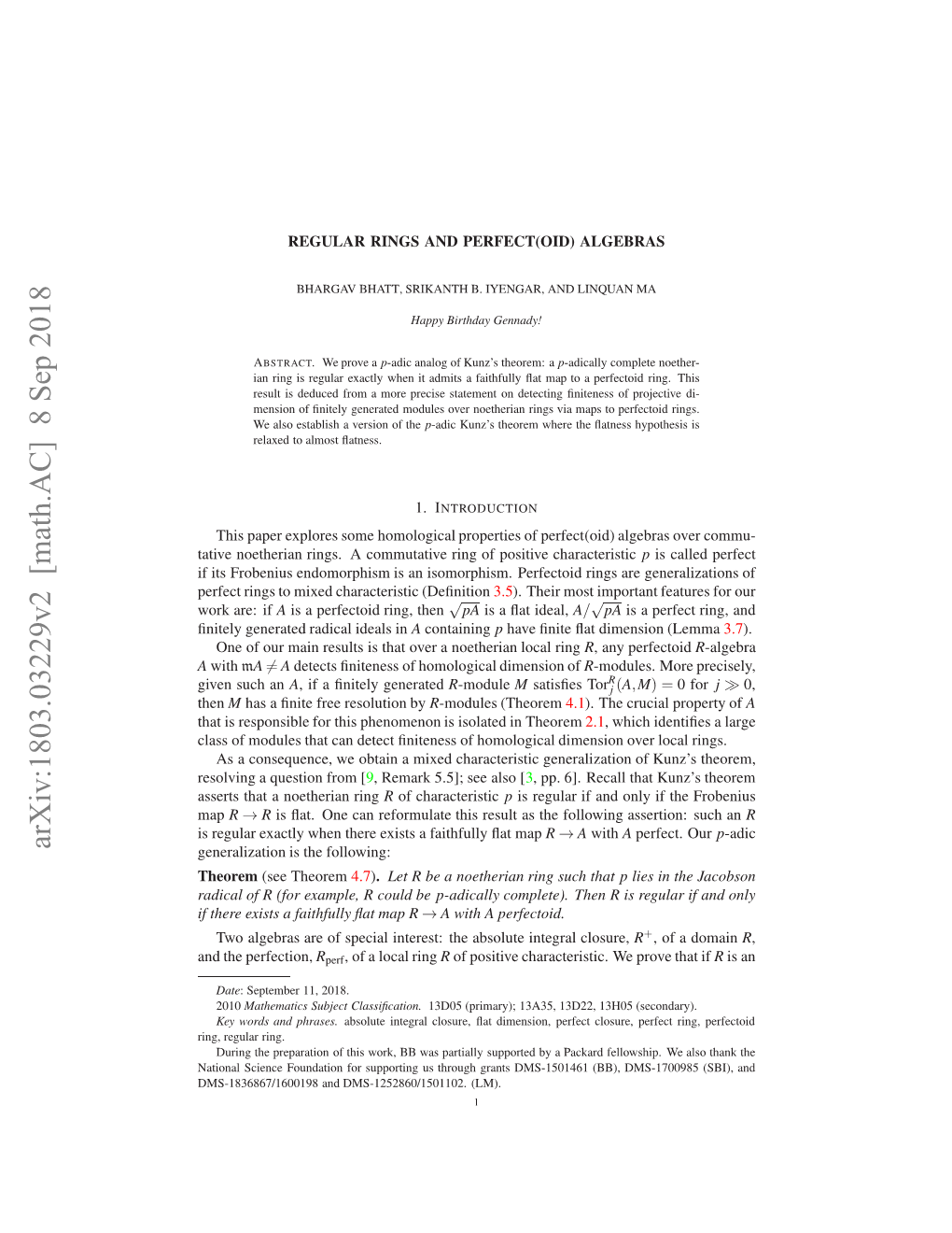 Arxiv:1803.03229V2 [Math.AC] 8 Sep 2018 N H Perfection, the and Aia Fr(O Xml,Rcudb -Dclycmlt) T R Map Complete)