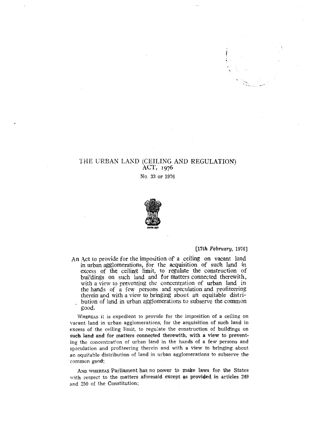 THE URBAN LAND (CEILING and REGULATION) ACT, 1976 No